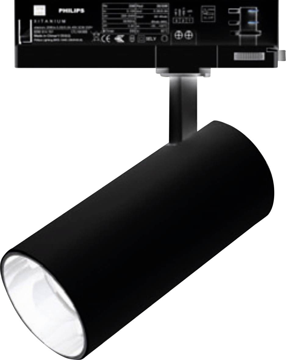 Philips LED-Strahler, schwarzes zylindrisches Design, wandmontiert mit verstellbarem Arm, mit technischen Spezifikationen auf der Rückseite.