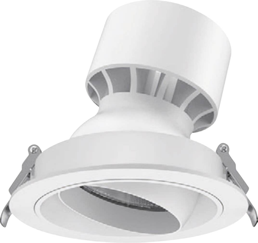 Ein weißer, eingelassener Deckeneinbaustrahler mit verstellbarem Winkel und modernem Design, geeignet für Innenbeleuchtungsinstallationen.