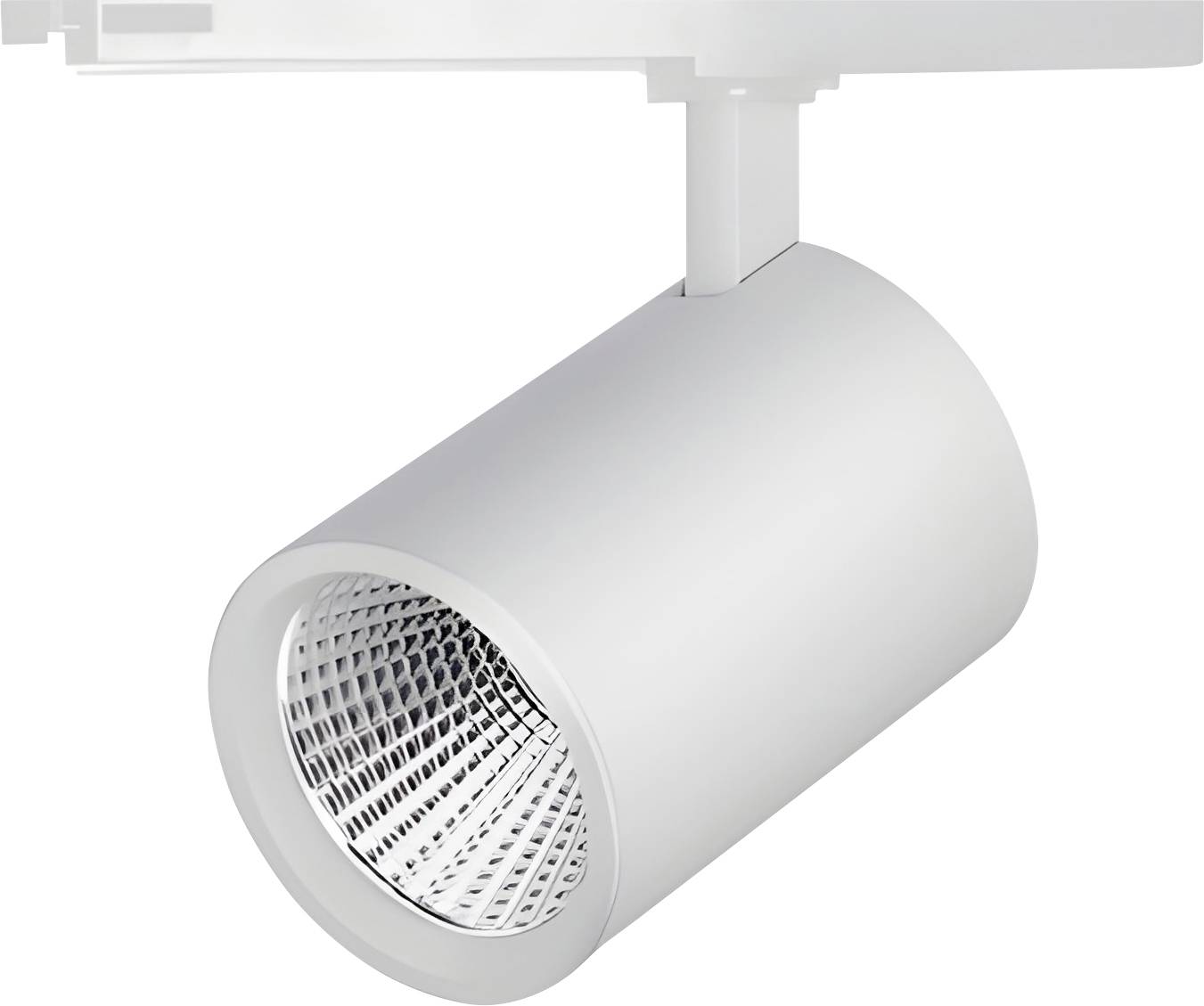 Eine moderne weiße Schienenlichtanlage mit einer zylindrischen Gestaltung und reflektierender Innenauskleidung, die für gerichtete Beleuchtung in Innenräumen verwendet wird.