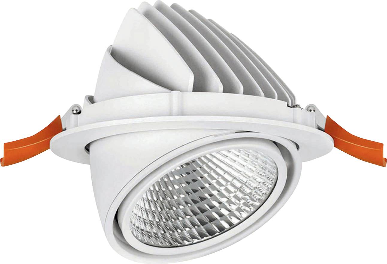 Eine LED-Deckenleuchte mit Einbauleuchte und verstellbarer Fassung, ausgestattet mit orangefarbenen Clips und einer reflektierenden Oberfläche für gezielte Beleuchtung.