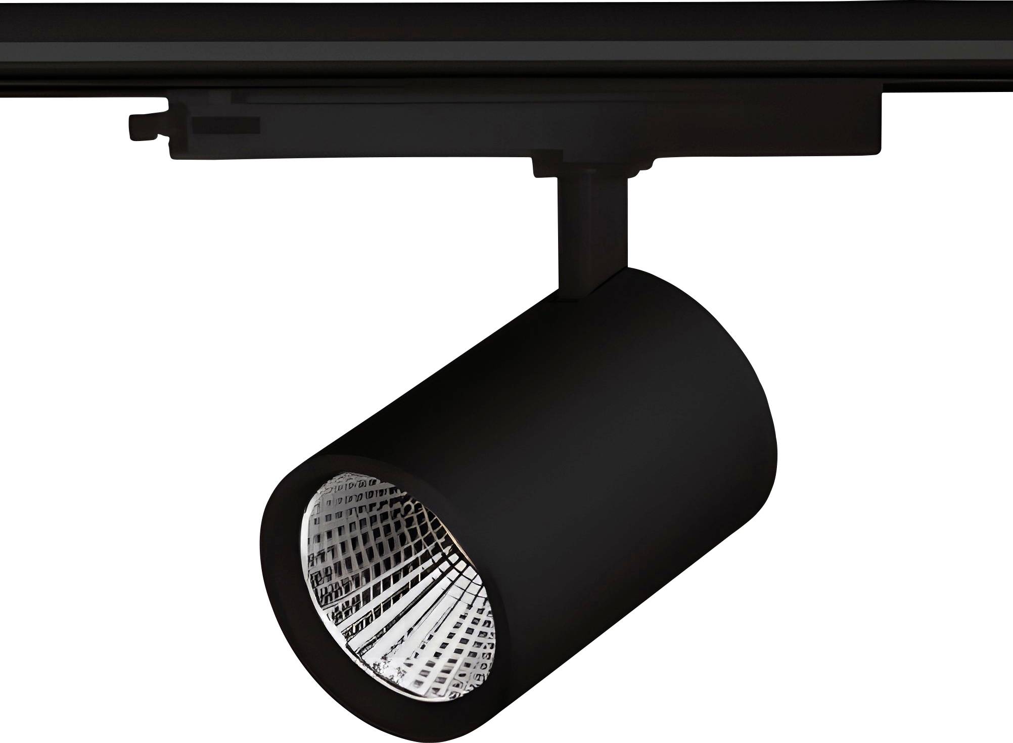 Ein schwarzes Schienenlicht mit zylindrischer Form und reflektierender Innenseite, an einer Schiene montiert, konzipiert für gerichtete Innenbeleuchtung.