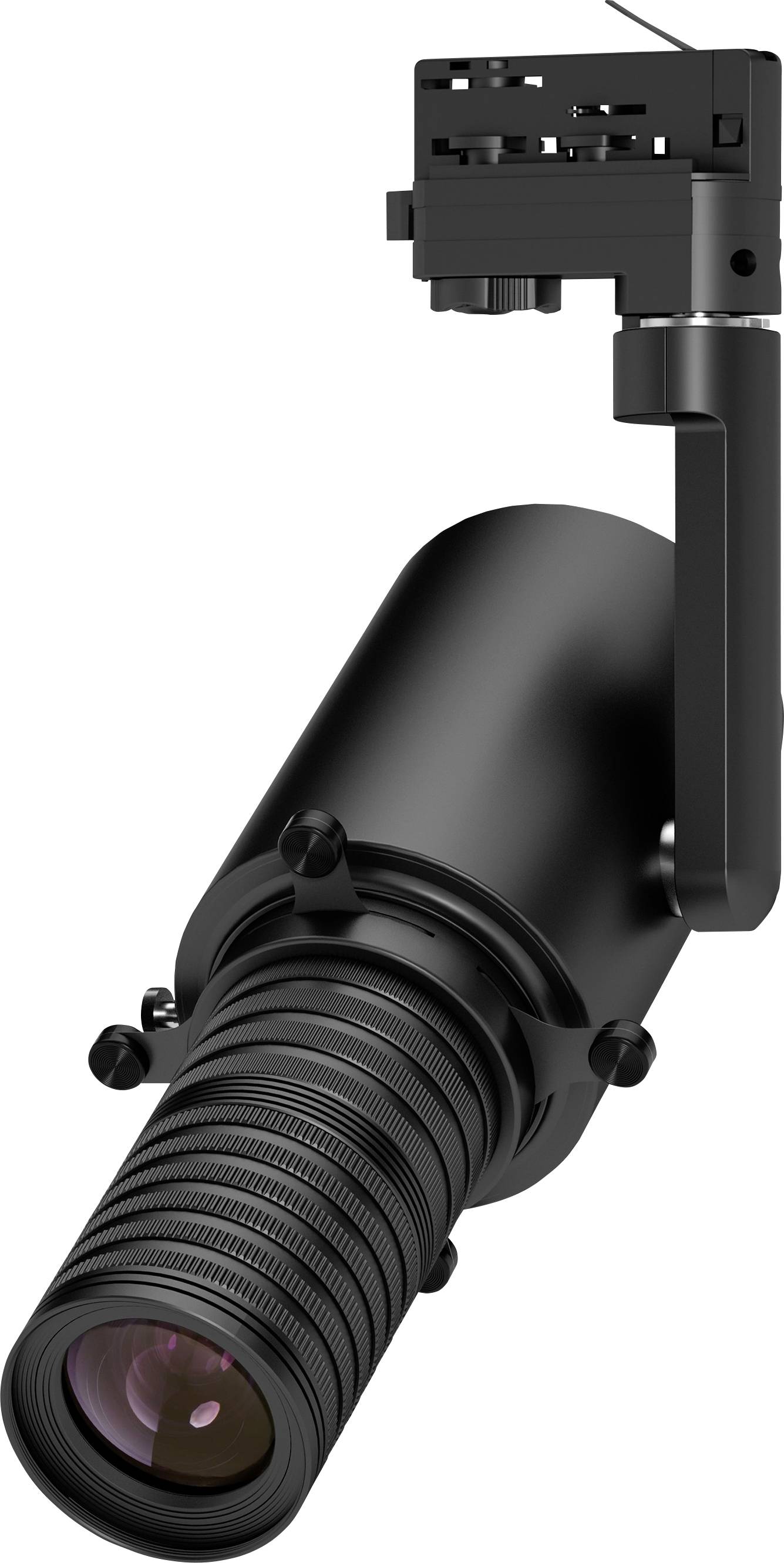 Ein schwarzes Kameraobjektiv mit einer Halterung, konzipiert für professionelle Fotoausrüstung, das einen länglichen Tubus und angeschlossene Mechanismen zeigt.