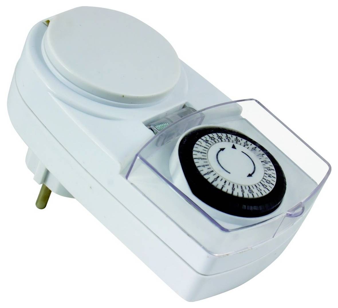 Ein weißer mechanischer Steckdosentimer mit einer Kreisscheibe und 24-Stunden-Markierungen, der zur Planung des Betriebs von elektrischen Geräten verwendet wird.