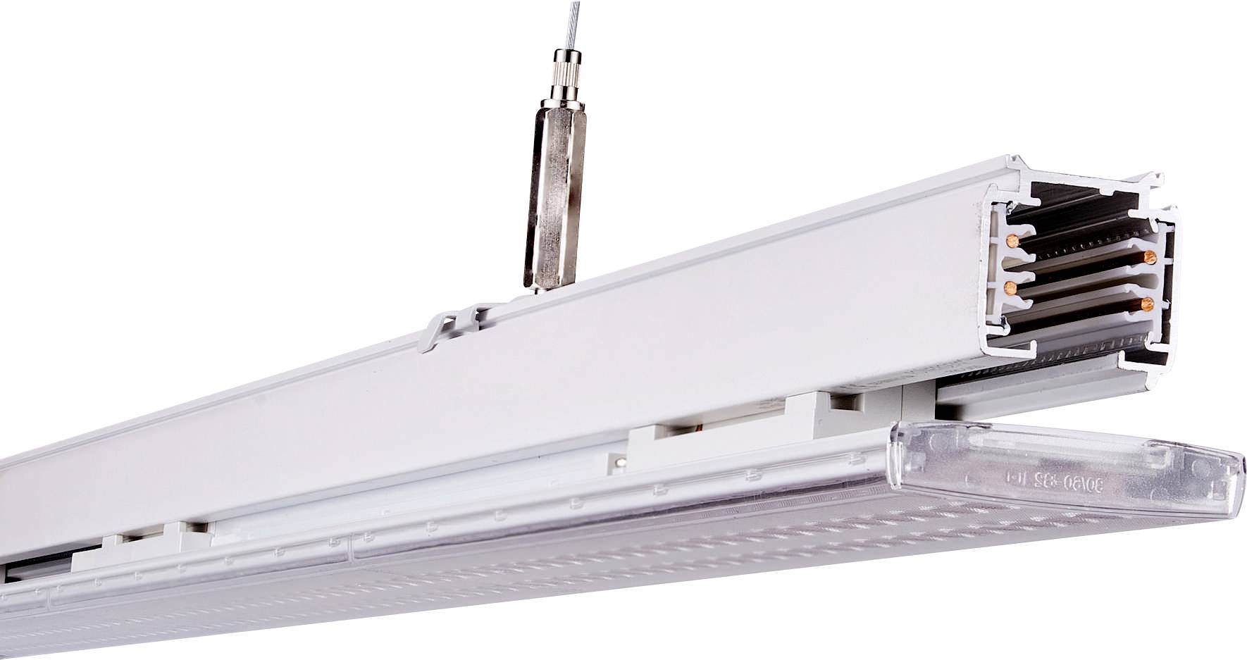 Eine hängende LED-Linearleuchte mit einer Metalloberfläche, die interne Komponenten in einer Schnittansicht zeigt und über ein Kabel verbunden ist.
