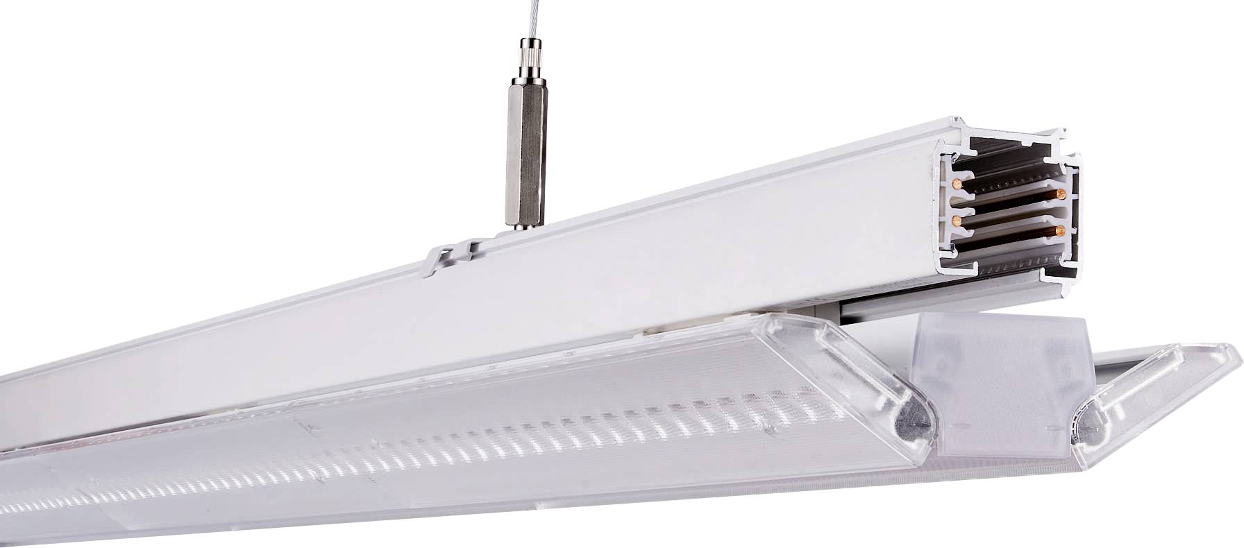 Eine LED-Linearleuchte hängt an einem Deckenträger und zeigt die internen elektrischen Komponenten sowie eine halbtransparente Abdeckung.