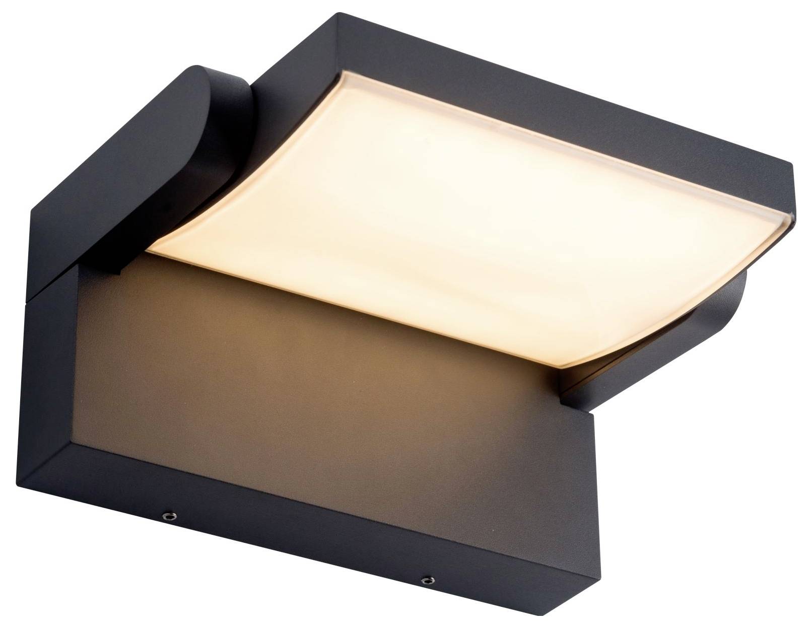 Eine moderne, rechteckige Wandleuchte mit einer geschwungenen, satinierten Glasabdeckung und schwarzem Metallrahmen, konzipiert für sanftes Ambientlicht.