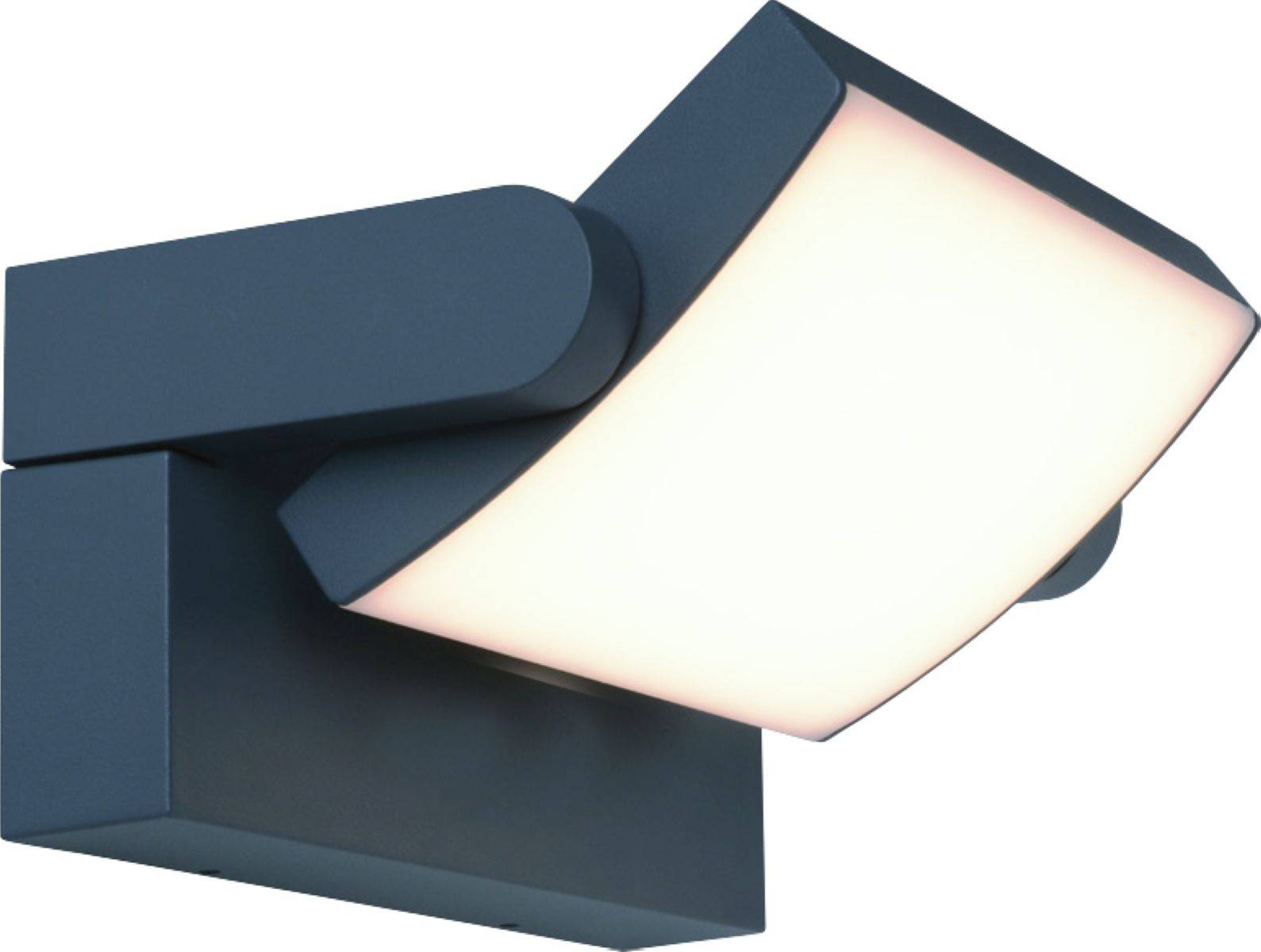 Eine moderne Wandleuchte mit schlankem, eckigem Design und einer diffusen rechteckigen Lichtfläche, die weiches Licht abstrahlt.