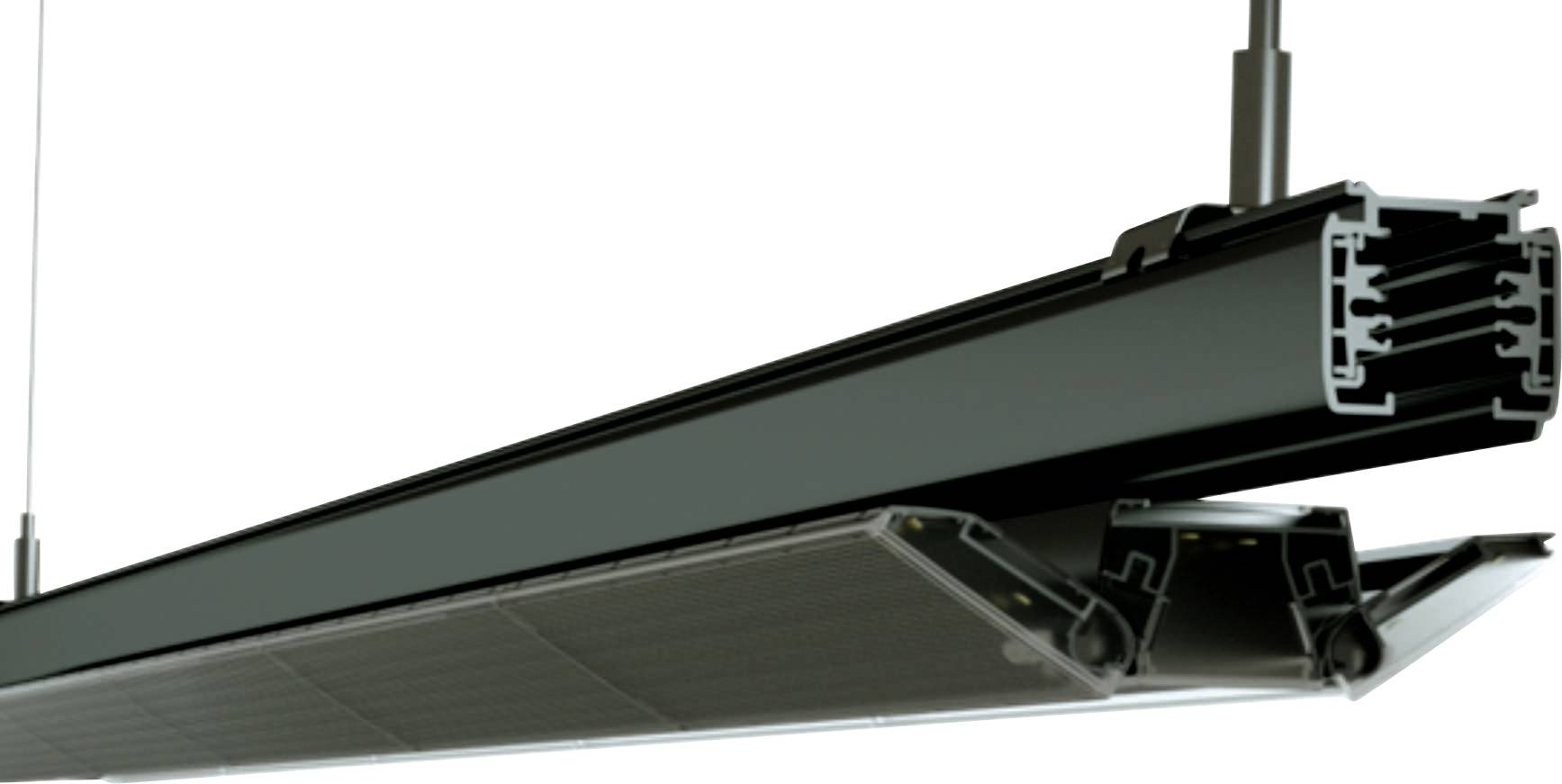 Eine schlanke, schwarze, lineare LED-Leuchte, die von der Decke hängt. Ihr modernes Design zeigt sichtbare strukturelle Elemente und Verkabelung.