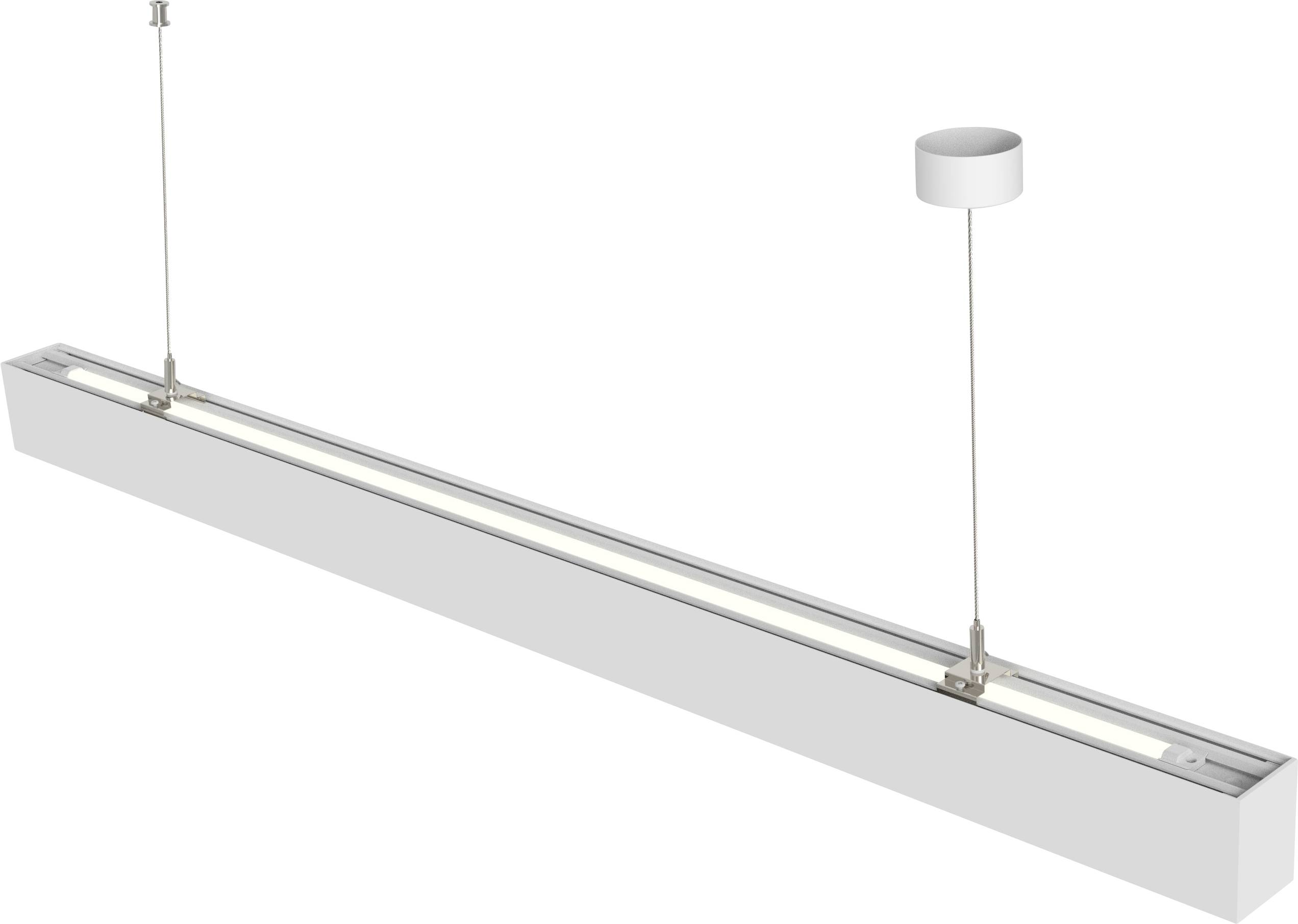 Eine schlanke, moderne LED-Hängeleuchte mit zwei Kabeln, die an der Decke befestigt ist.