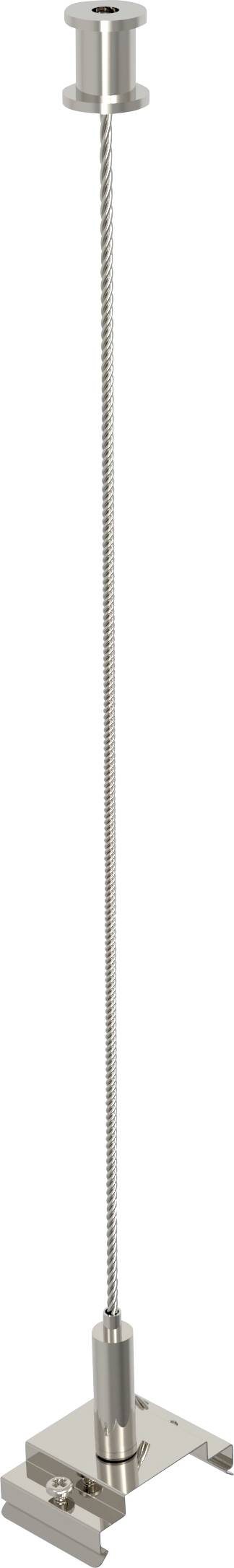 Ein hoher, schlanker Edelstahl-Kabelgreifer mit einem zylindrischen Oberteil, einem langen Gewindekabel und einer Basis, der zum sicheren Aufhängen von Objekten verwendet wird.