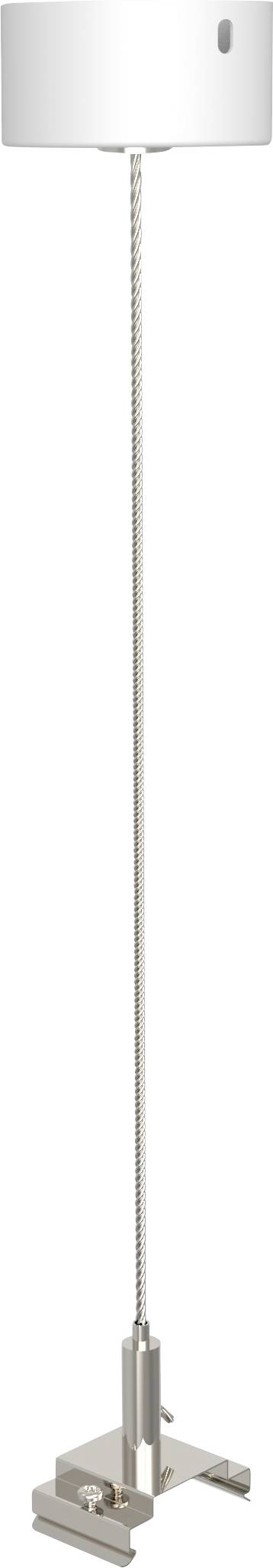 Eine moderne, verstellbare Stehlampe mit einer hohen, schlanken Metallbasis und einem weißen zylindrischen Lampenschirm.