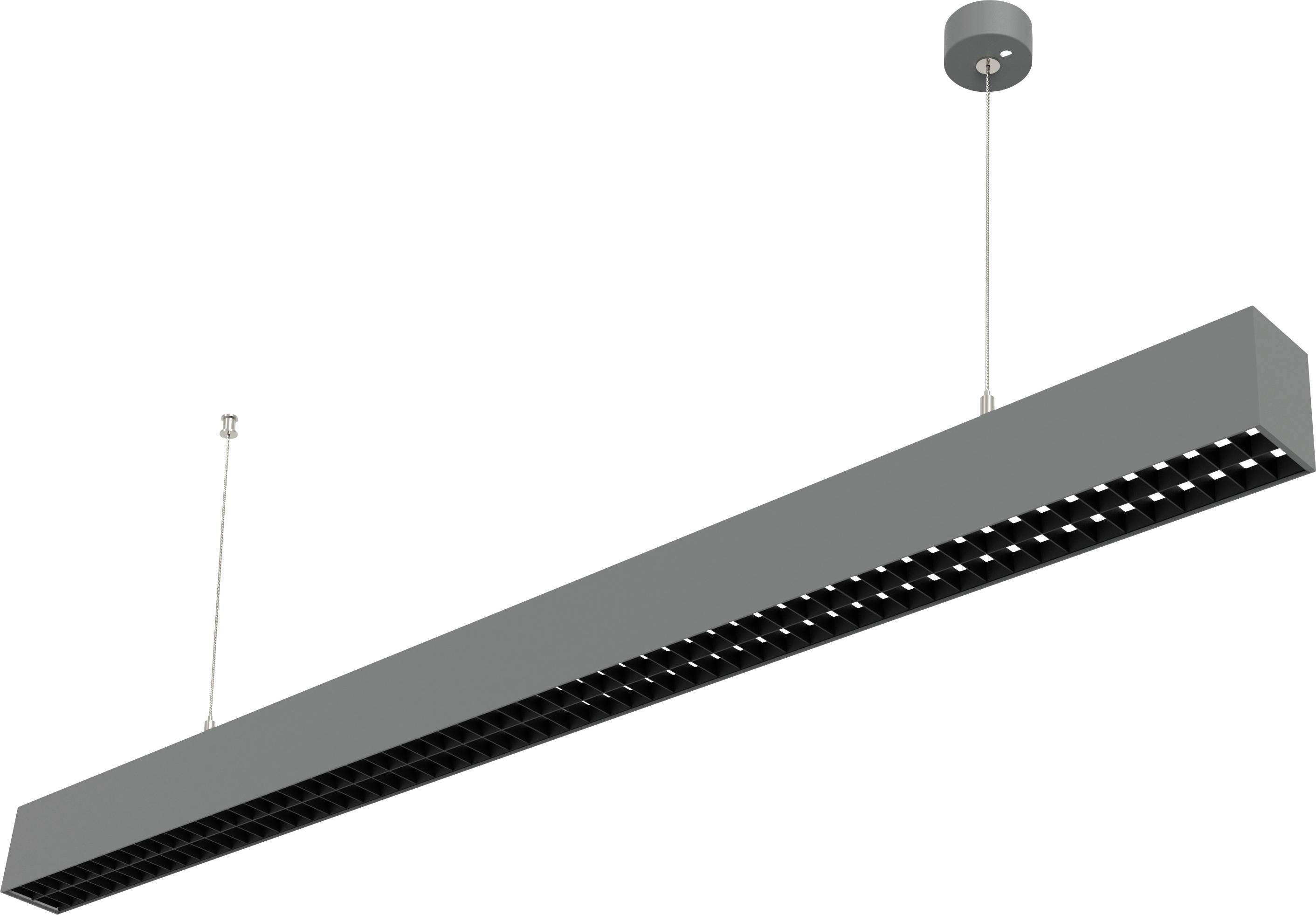 Eine moderne, rechteckige, graue Deckenleuchte, die an Kabeln hängt und mehrere kleine Glühbirnen besitzt.