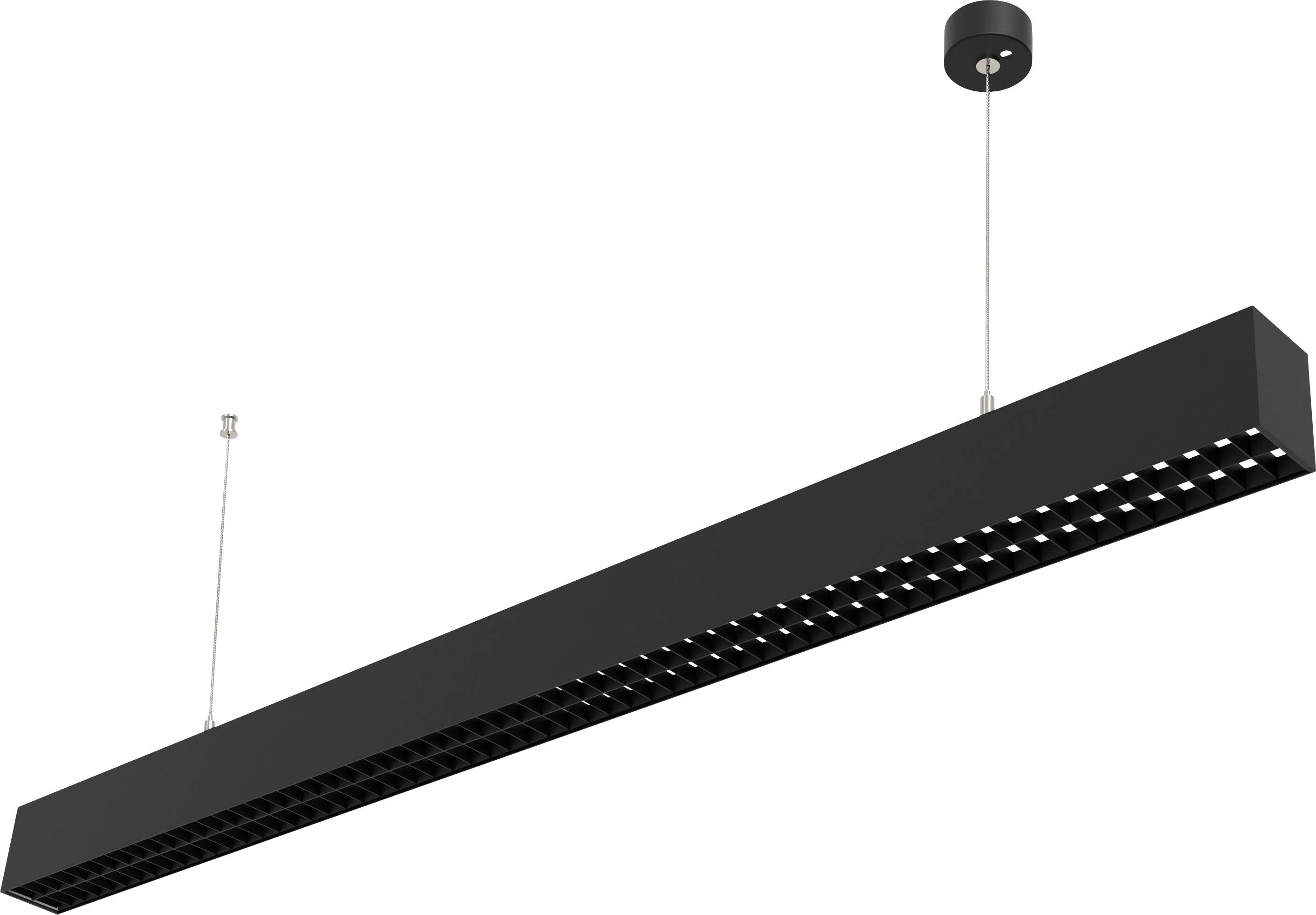 Eine moderne, rechteckige schwarze Pendelleuchte mit zwei Kabeln, die sie an die Decke befestigen, mit eingelassenen Beleuchtungselementen auf einer Seite.