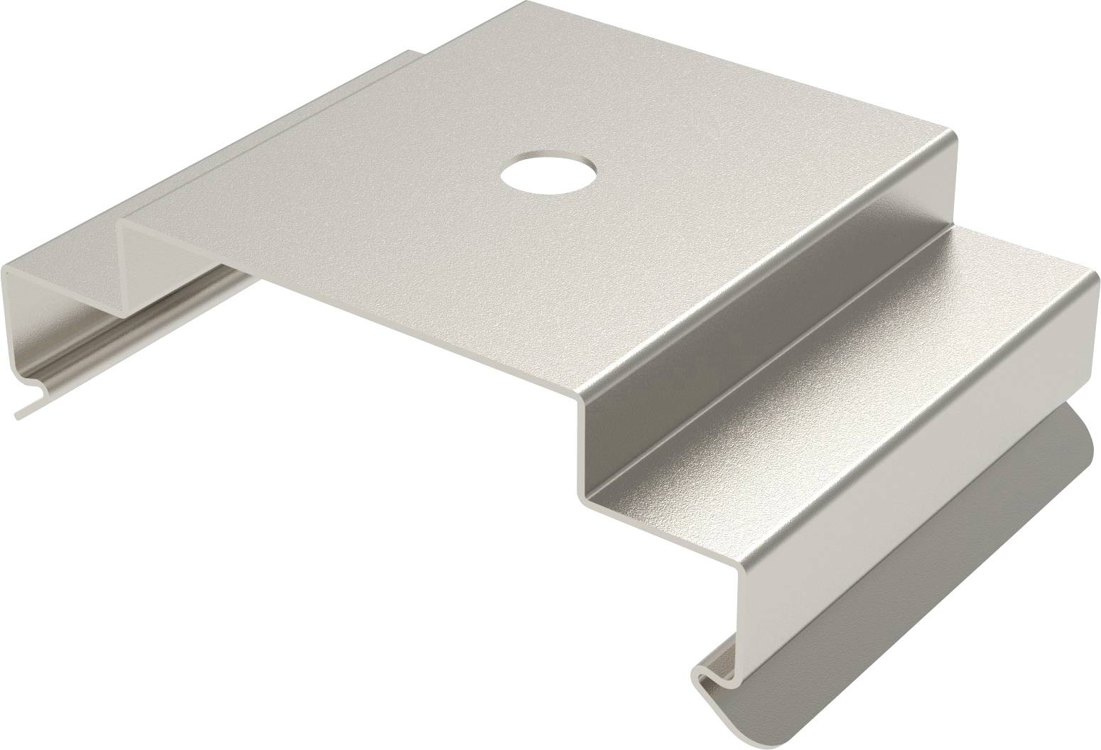 Eine Metallklammer mit einem zentralen Loch, L-förmigen Enden und einer glatten Oberfläche, die wahrscheinlich zum Sichern oder Befestigen von Komponenten in der Baubranche verwendet wird.