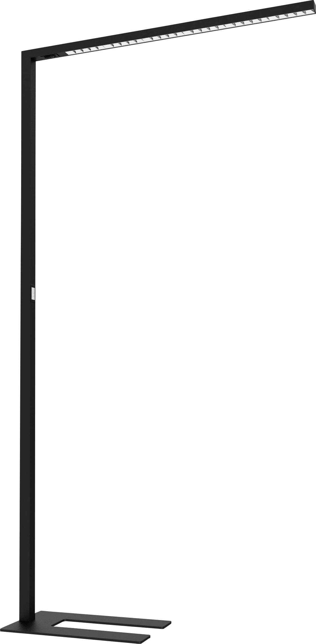 Eine hohe, schlanke, schwarze Stehlampe mit einem horizontalen LED-Panel, die nach unten gerichtetes Licht abstrahlt und sich für moderne Inneneinrichtungen eignet.