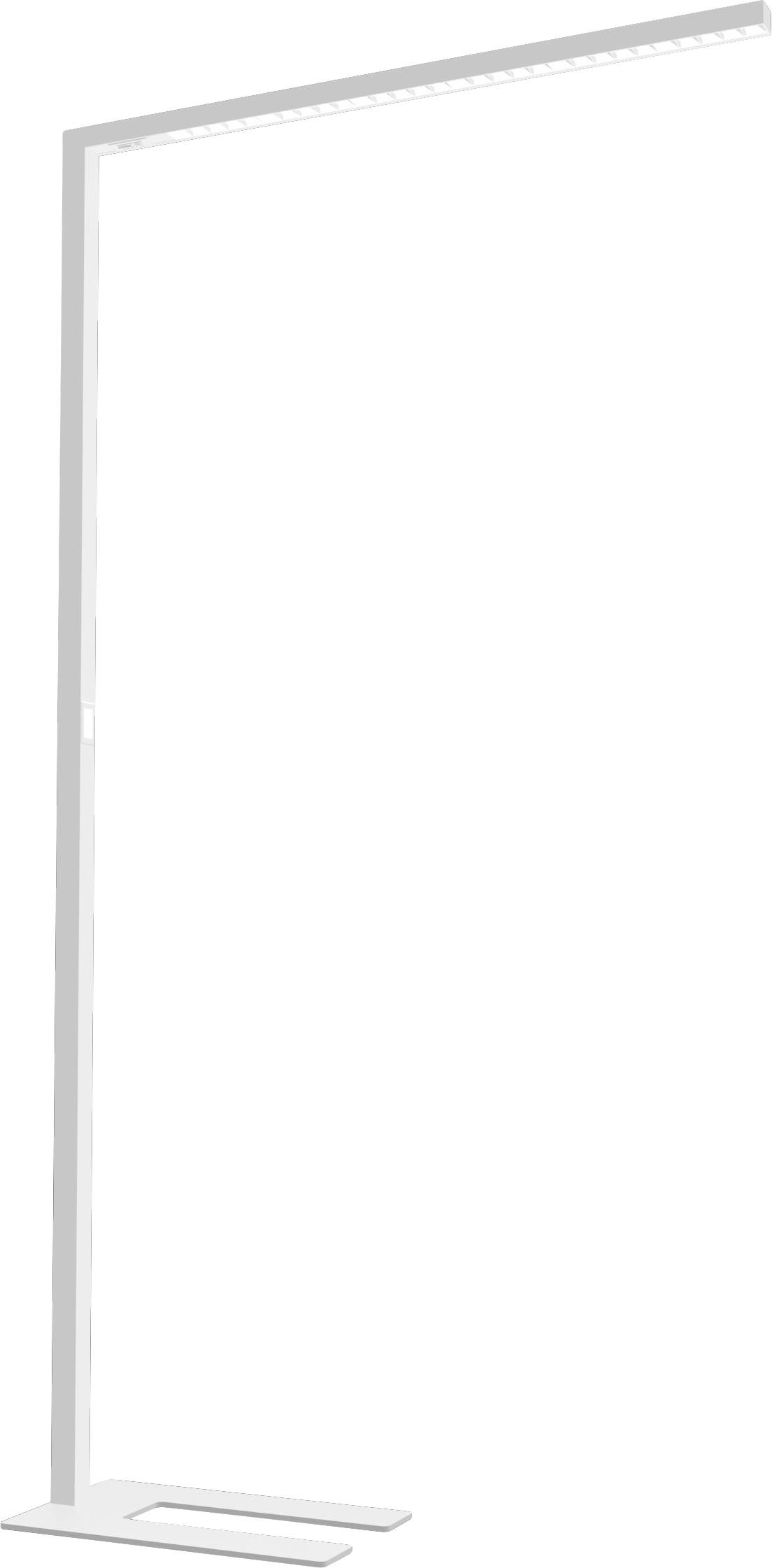 Eine moderne, minimalistische Stehlampe mit rechteckiger Basis und schlanker Vertikale, die eine längliche, schmale Horizontalleuchte trägt.