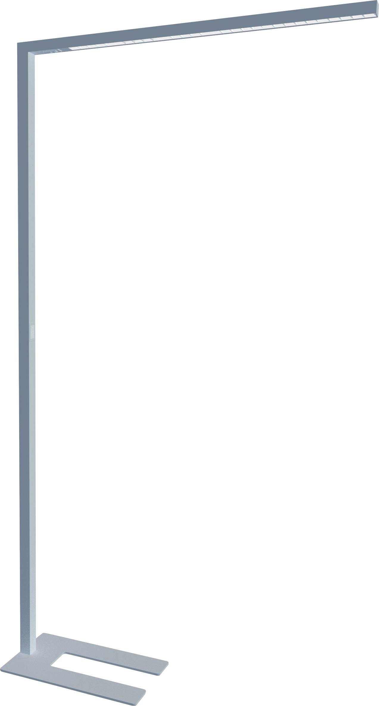 Eine minimalistische, moderne Stehlampe mit einem schlanken, rechteckigen Rahmen und einer U-förmigen Basis, konzipiert für zeitgenössische Innenräume.