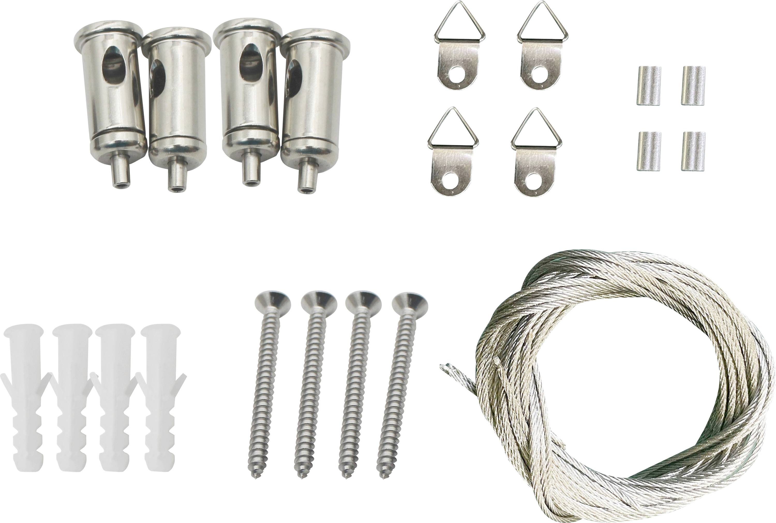 Bildaufhänge-Set mit Metallhaken, Schrauben, Dübeln und einer Drahtrolle zum Aufhängen von Rahmen oder Kunstwerken an der Wand.