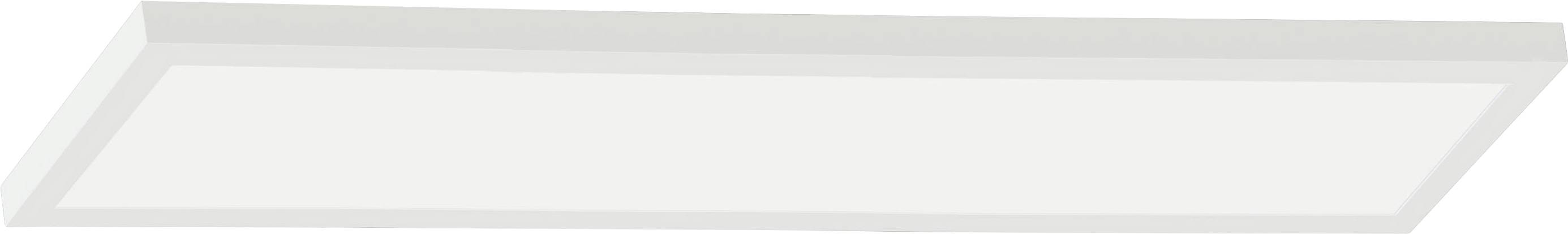 Ein rechteckiges LED-Paneel-Licht mit einem schmalen, weißen Rahmen, von einem tiefen Blickwinkel aus gegen einen einfarbigen Hintergrund betrachtet.