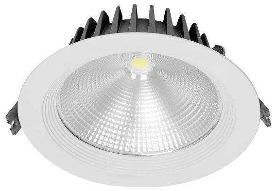 Eine runde, eingelassene LED-Deckenleuchte mit weißem Rand und gerippter Textur, für den Innenbereich konzipiert, die energieeffiziente Technologie präsentiert.