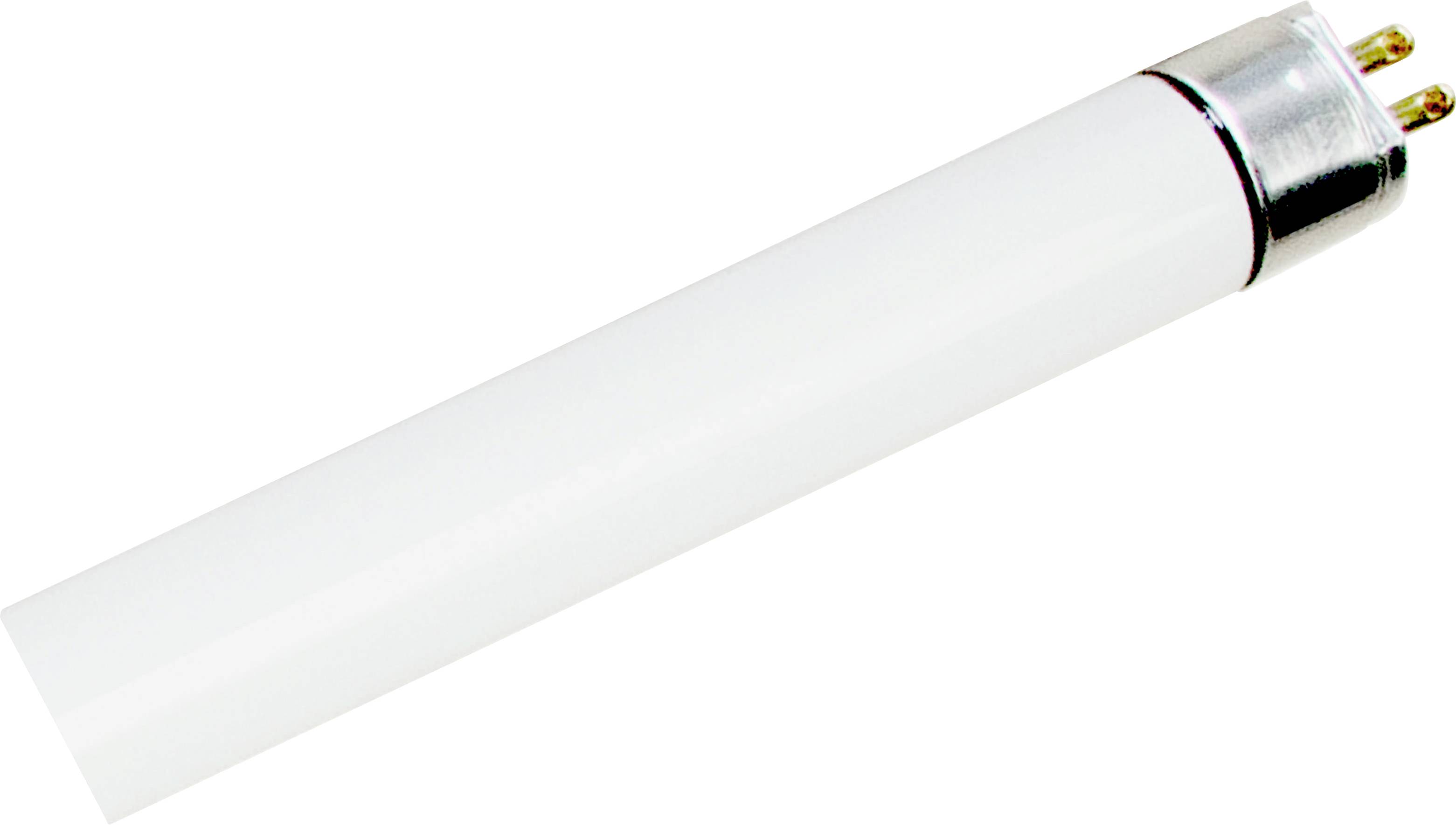 Eine röhrenförmige Leuchtstofflampe mit einer Metallbasis und zwei Kontaktstiften am Ende.