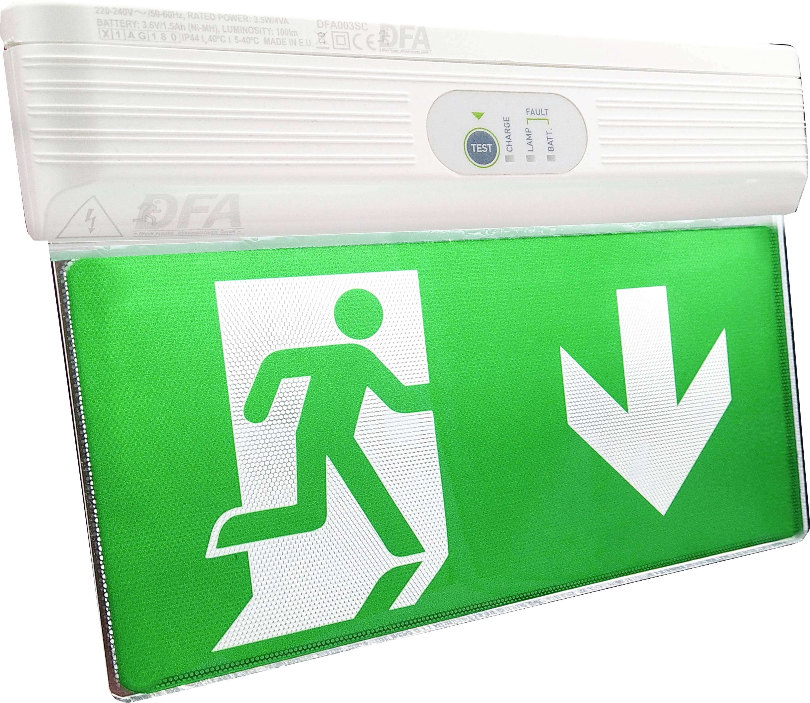 Ein grünes Notausgangsschild mit einer laufenden Person und einem weißen Pfeil, der nach unten zeigt und die Richtung zum nächstgelegenen Notausgang angibt.