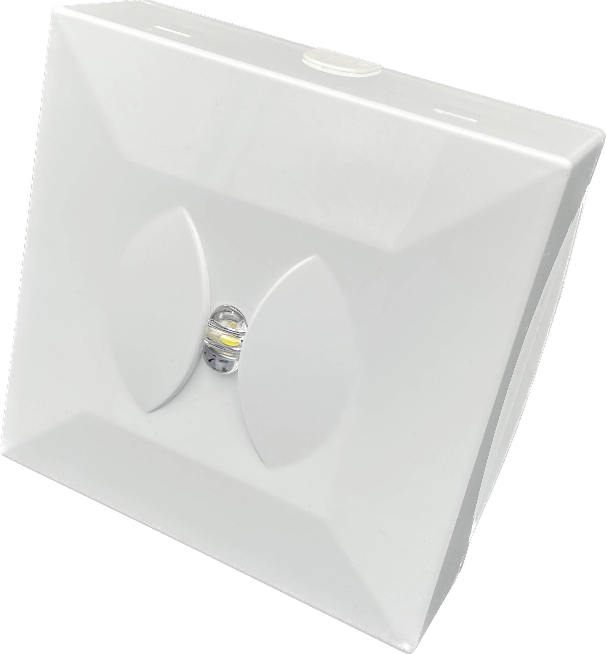 Weiße Kunststoff-Elektrobox mit erhöhtem Zentrum und geschwungenen Linien neben einer LED-Lampe. Die Draufsicht zeigt abgerundete Kanten und einen kleinen Knopf.