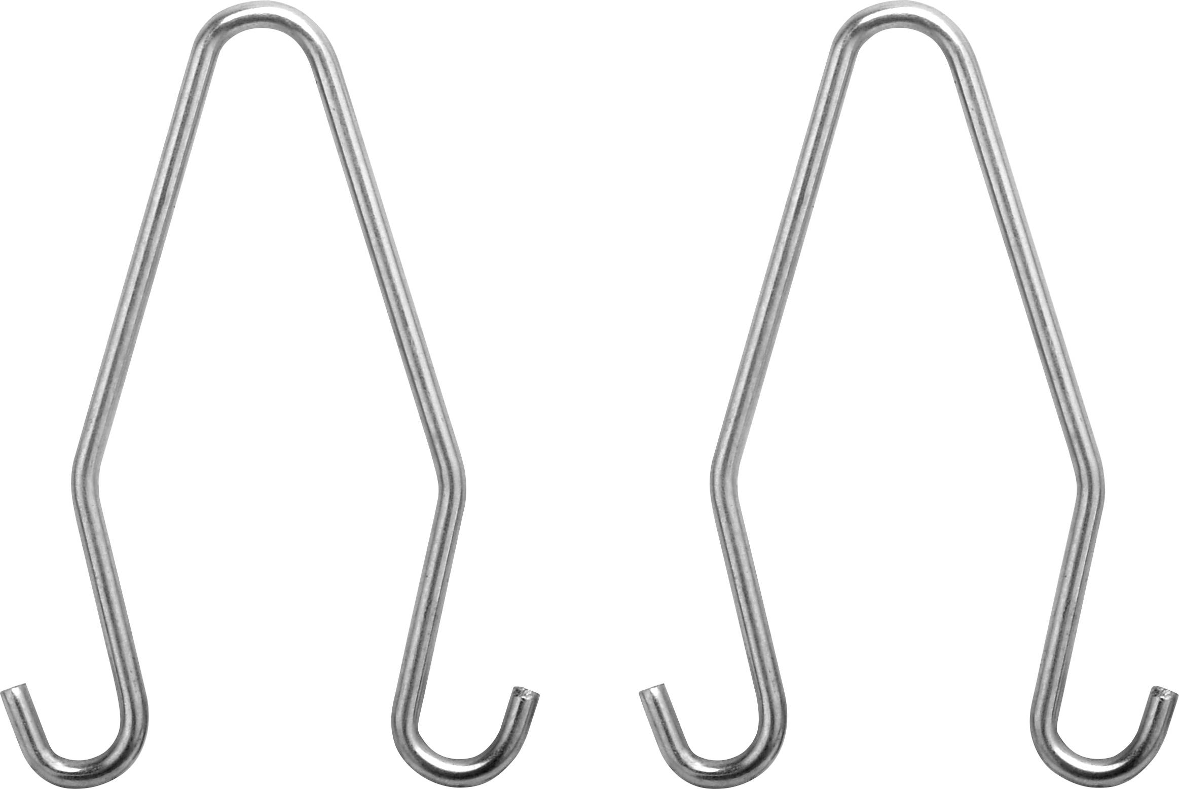 Zwei S-förmige Metallhaken mit gekrümmten Enden, wahrscheinlich zum Aufhängen von Gegenständen, vor einem einfarbigen weißen Hintergrund.