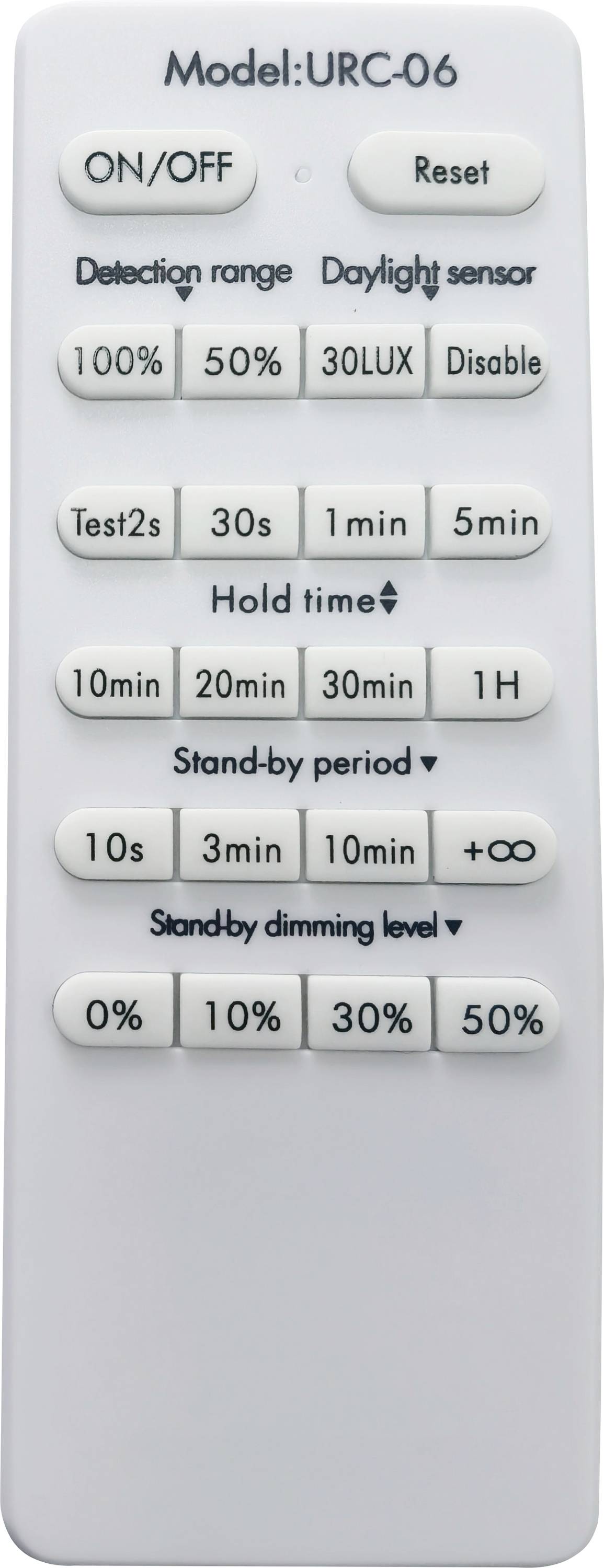 Fernbedienung mit Tasten beschriftet als 'EIN/AUS', 'Zurücksetzen', 'Erkennungsbereich', 'Tageslicht-Sensor', 'Haltezeit', 'Standby-Periode', 'Standby-Dimmstufe' mit verschiedenen Zeitintervallen und Prozentangaben. Modell: URC-06.