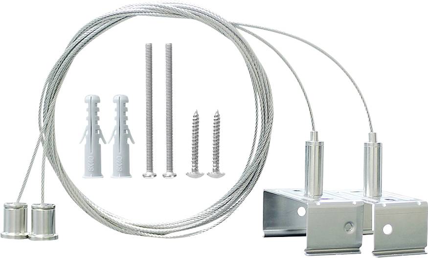 Aufhängeset mit Stahlseilen, Ankern, Schrauben und Halterungen für Wand- oder Deckeninstallation. Ideal zur Unterstützung von Schildern oder Displays.