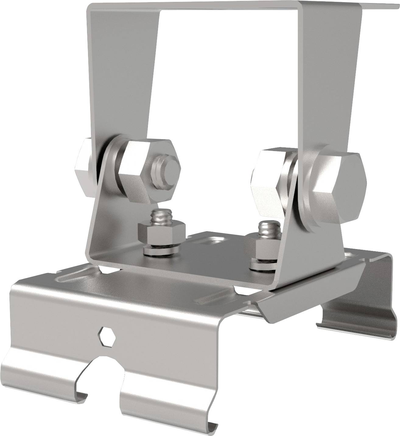 Eine Metallfesthalterung mit Bolzen und Schrauben, die zum Installieren von Solarpanels auf Dächern verwendet wird und die Befestigungs- und Anschlusspunkte zeigt.