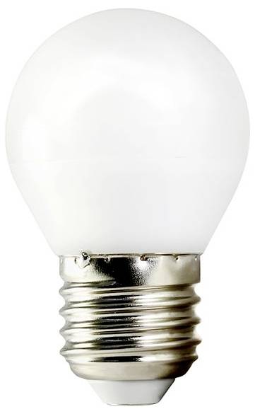 Eine einzelne LED-Glühbirne mit weißer Frostoberfläche und metallischer Schraubfassung.