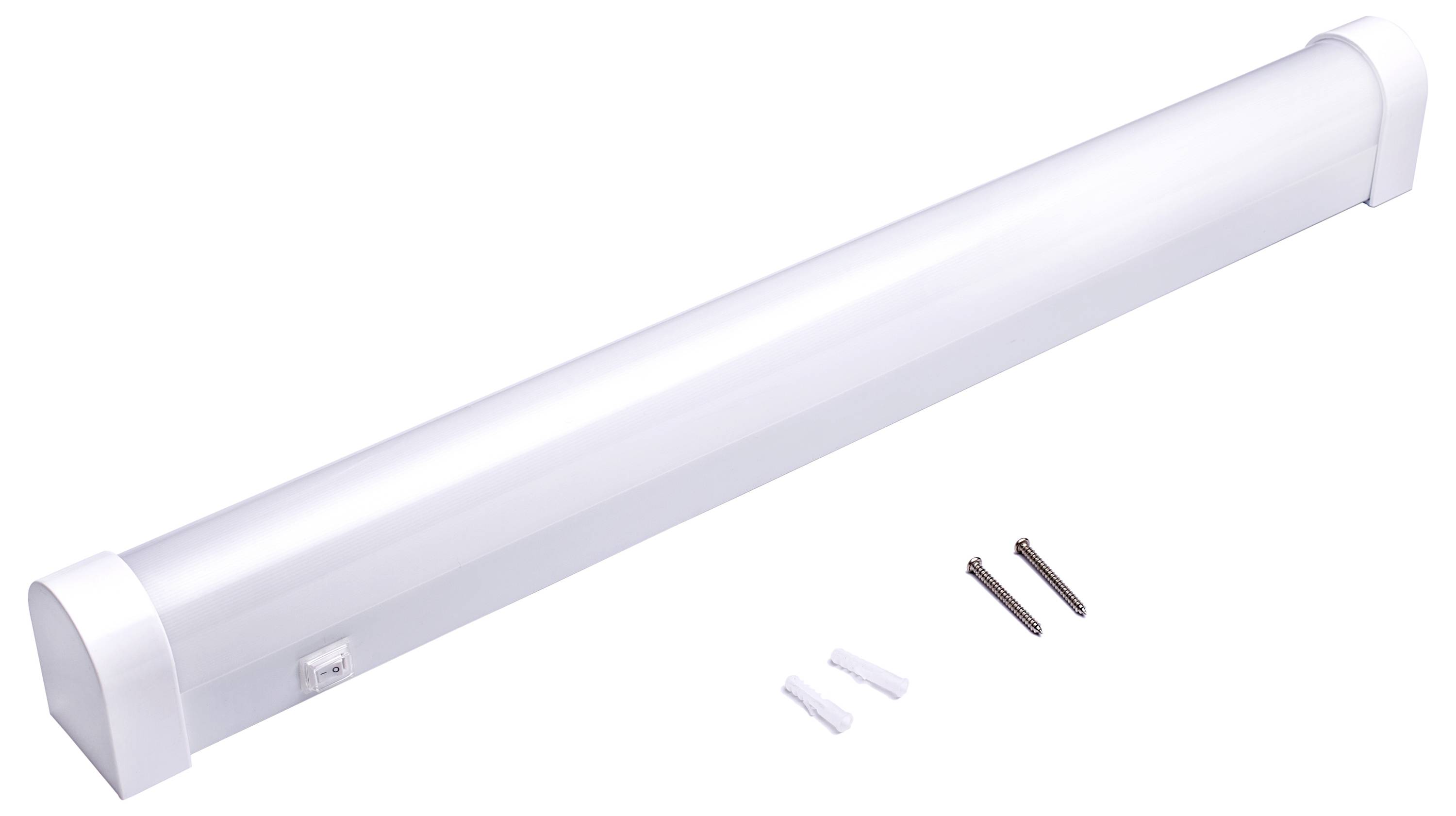 Eine weiße, zylindrische LED-Röhrenleuchte mit Befestigungsmaterial, einschließlich zwei Schrauben und zwei Dübeln, die auf einem neutralen Hintergrund positioniert ist.