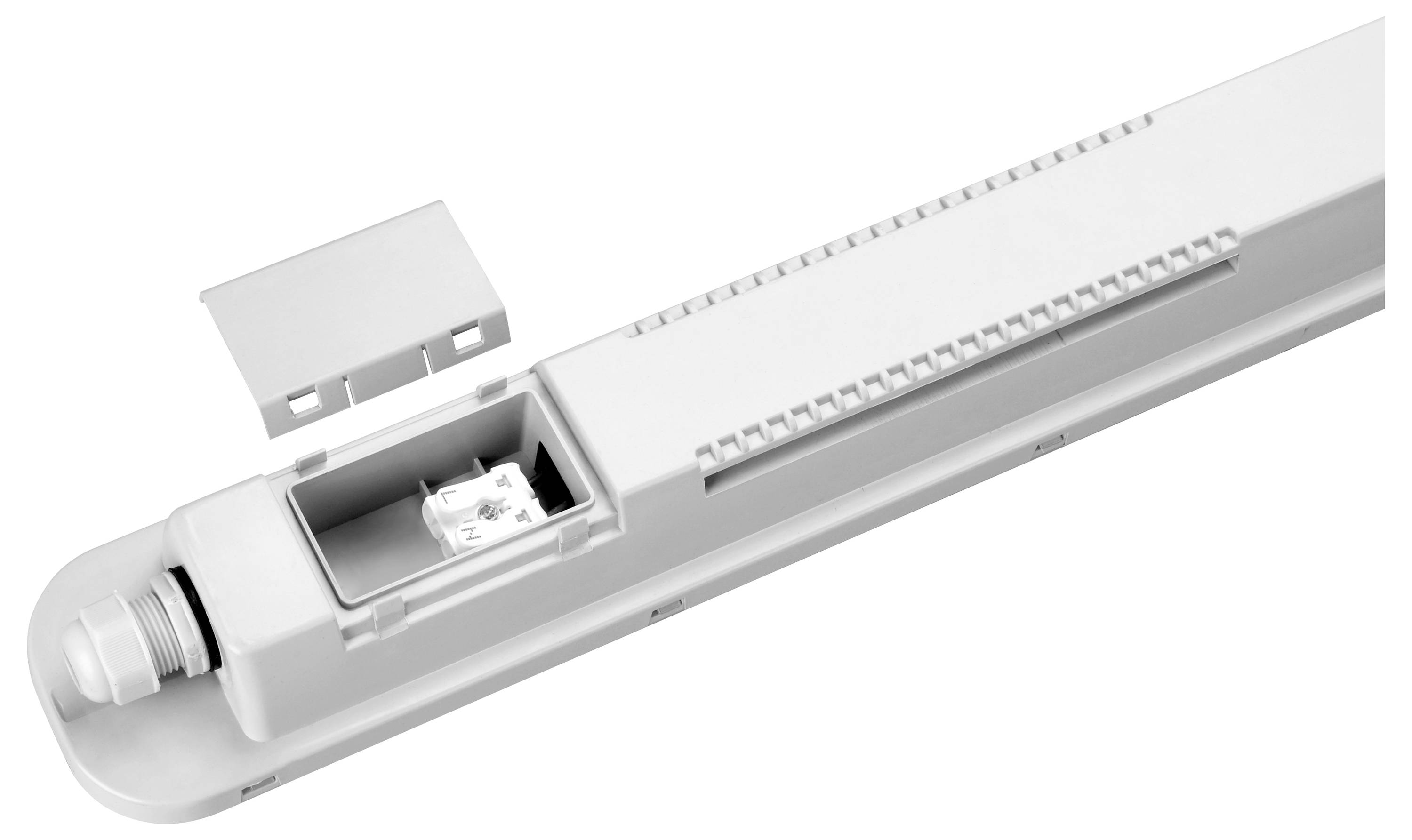 Eine weiße LED-Leuchte mit einem offenen Fach an einem Ende, das das Innenleben der Verkabelung und den Anschlusspunkt zeigt.