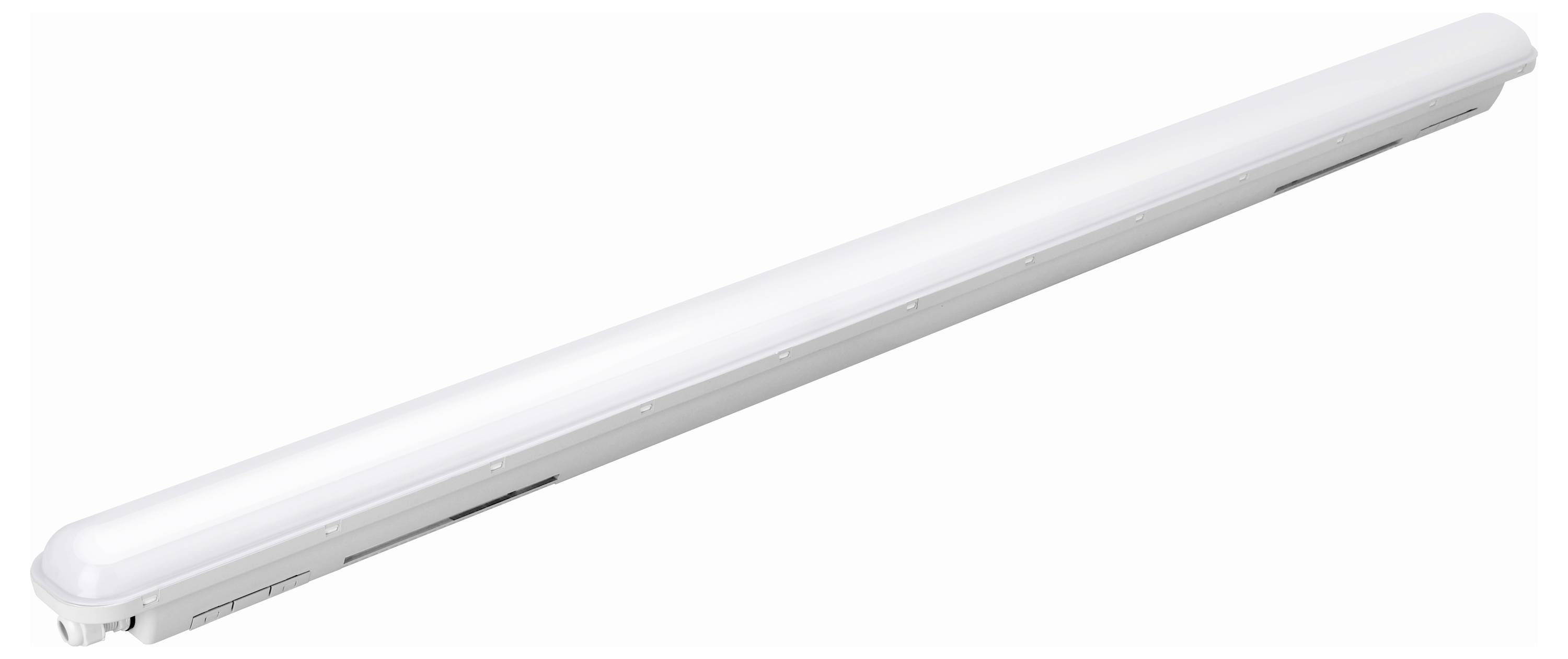 Eine lange, weiße LED-Leuchte zur Deckeninstallation mit glatter, minimalistischer Gestaltung, die sich ideal für moderne Innenräume eignet.