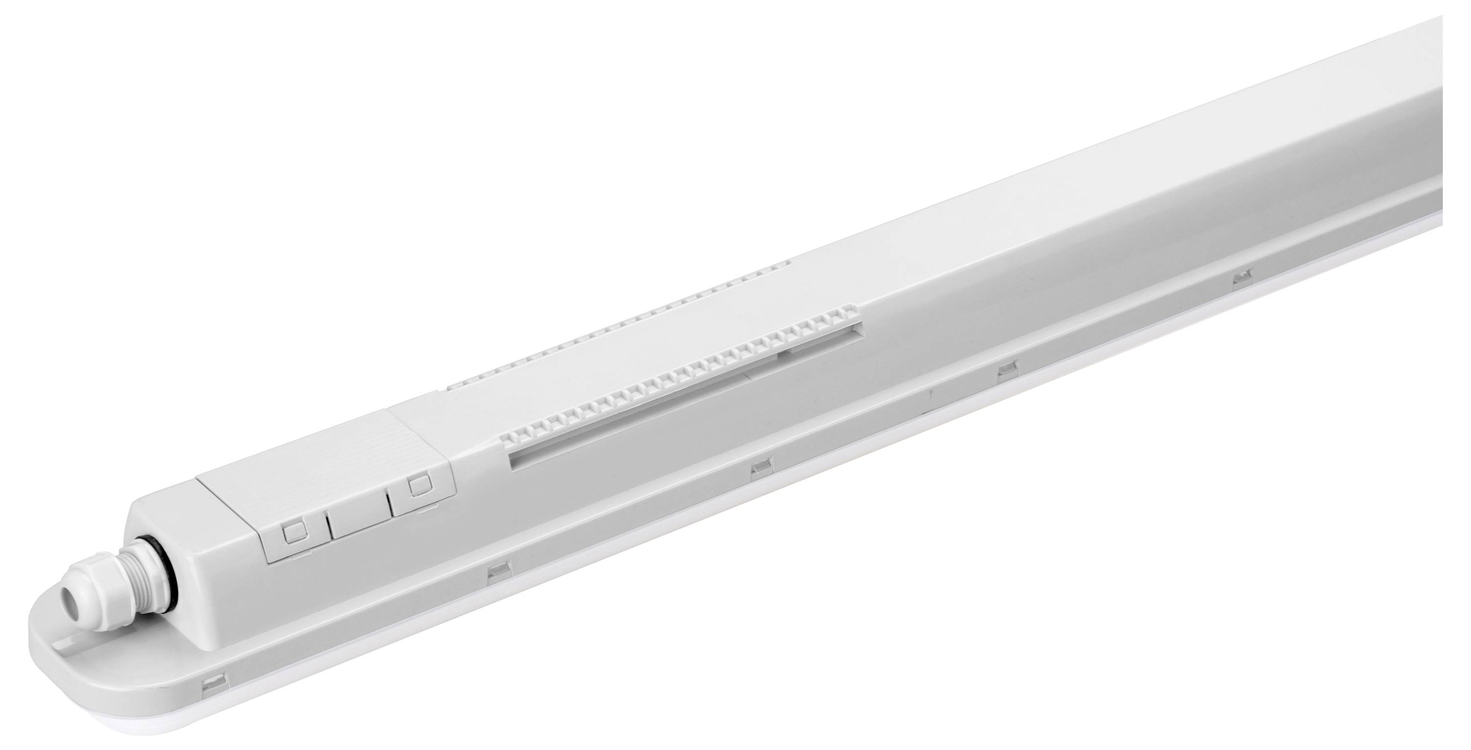 Eine weiße LED-Röhrenleuchte mit integriertem Schalter und Anschluss, geeignet für industrielle oder gewerbliche Beleuchtungsanwendungen.