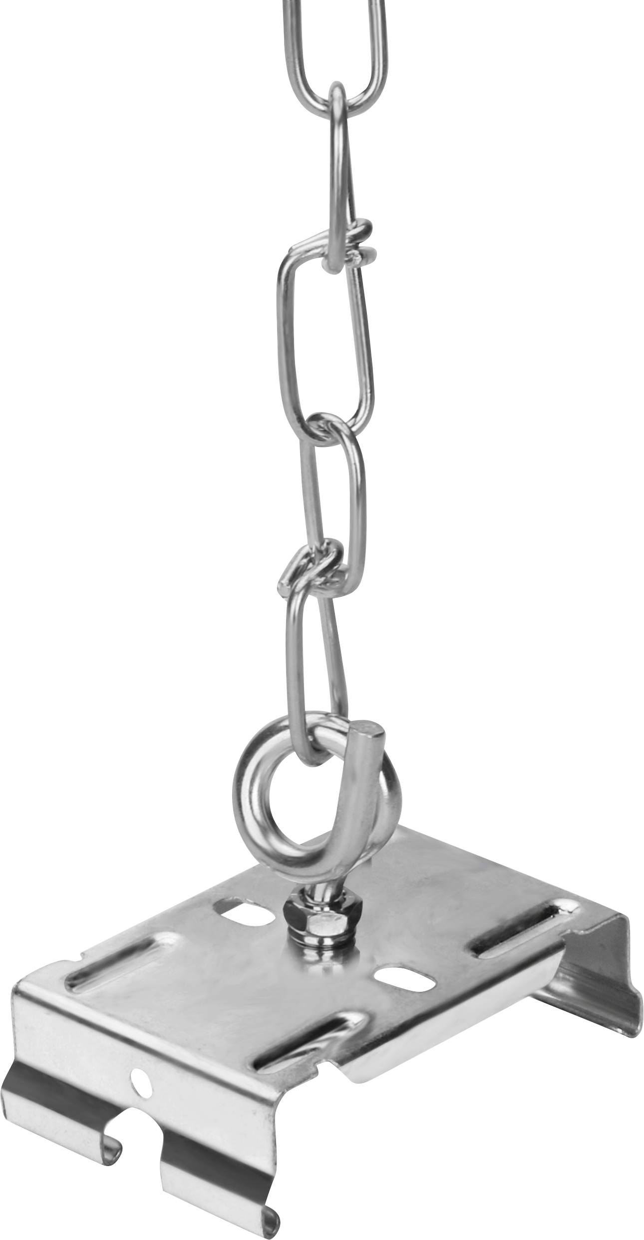 Eine Metallhalterung mit einem Haken und einer Kette, die zum Aufhängen oder Sichern von Gegenständen verwendet wird. Die Kettenglieder und Halterungslöcher sind sichtbar.