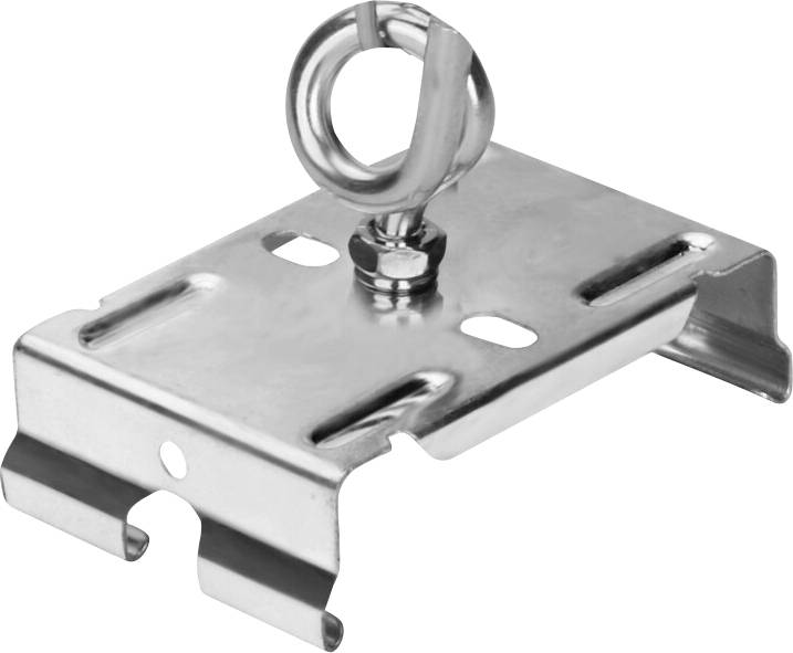 Eine Metallhalterung mit einer kreisförmigen Schlaufe oben, wahrscheinlich zum Befestigen oder Aufhängen von Gegenständen verwendet.