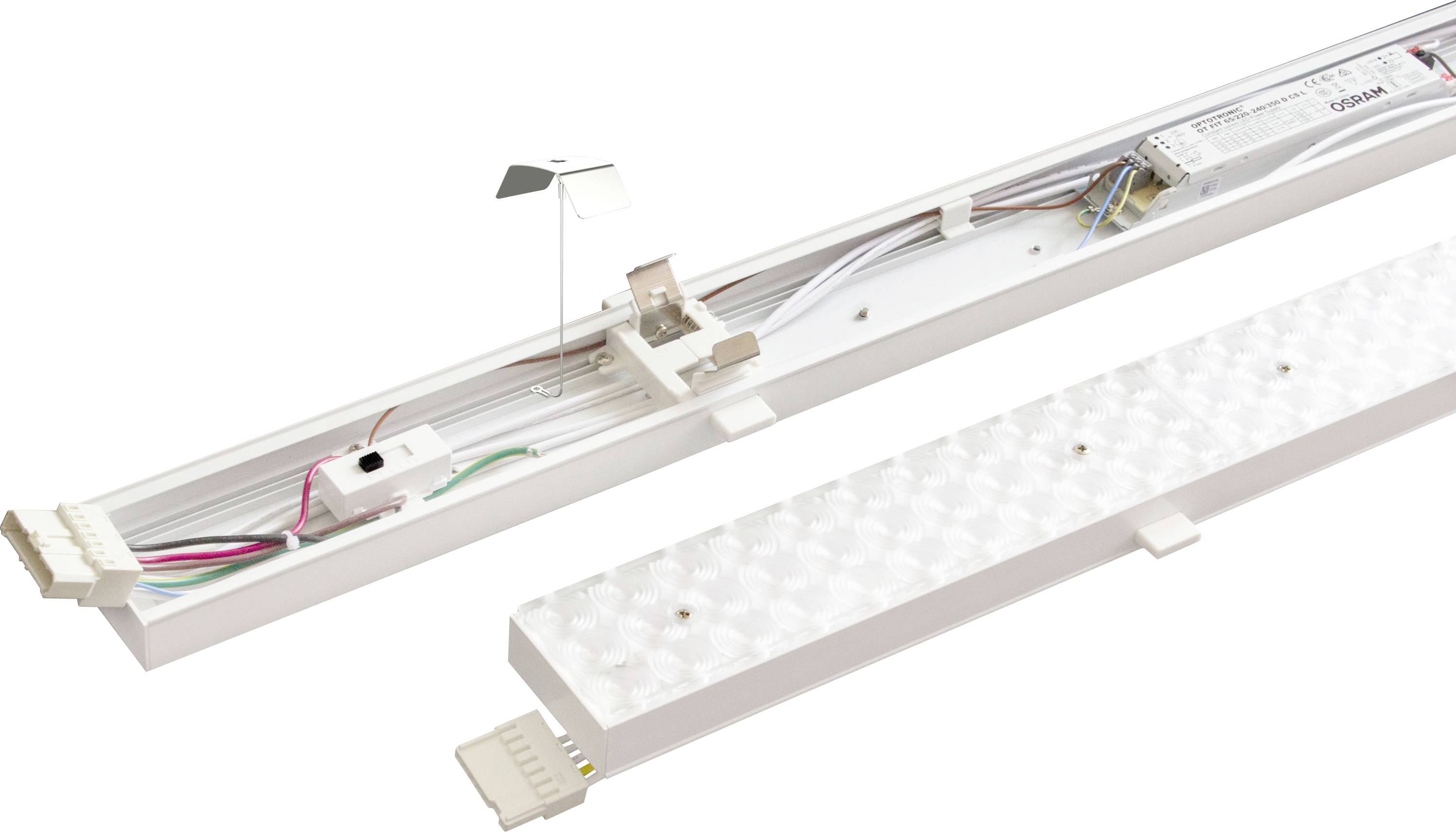 LED-Beleuchtungskörper mit abnehmbarem Deckel, der die internen Verdrahtungen und Komponenten für Installation oder Wartungszwecke zeigt.