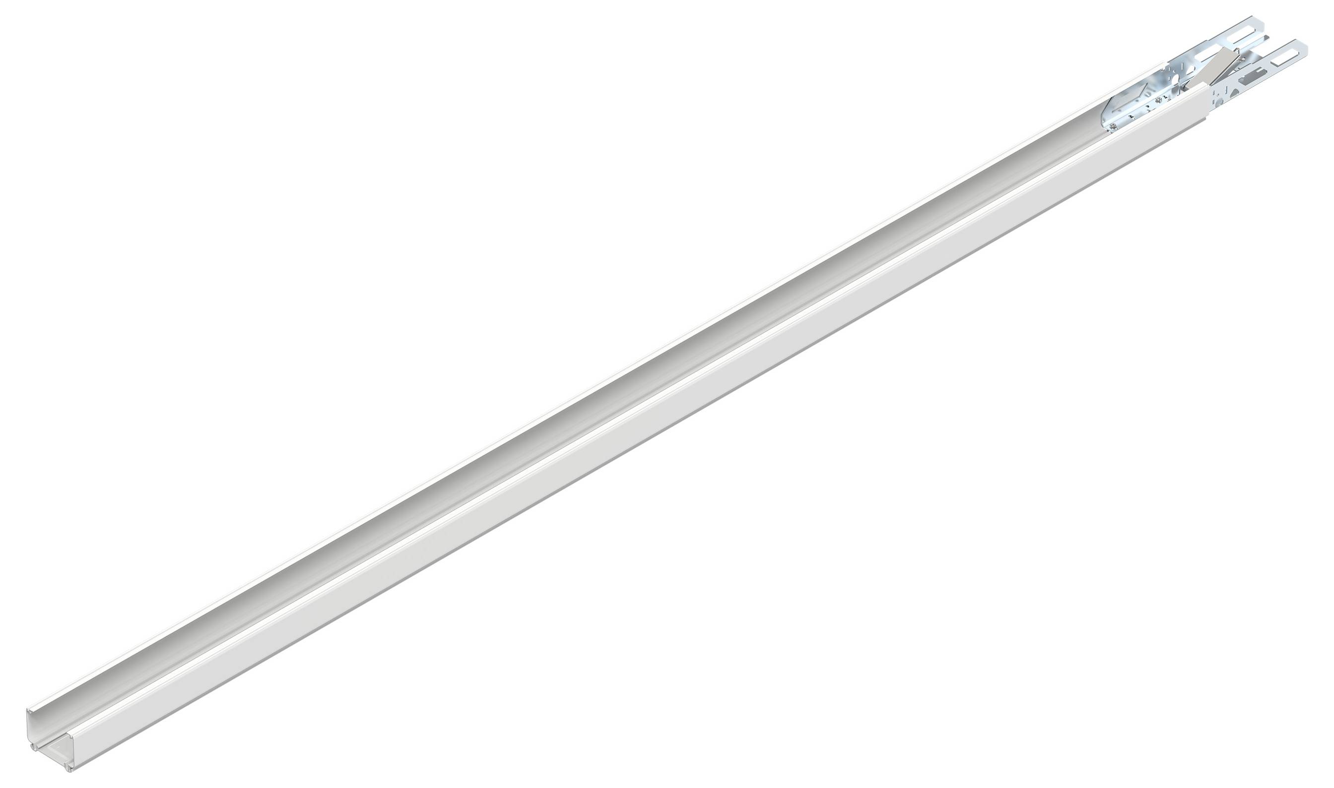 Eine lange, schlanke, metallische Schiene mit Befestigungsbügeln, wahrscheinlich verwendet zur Unterstützung oder zum Aufhängen von Gegenständen in einem strukturellen oder industriellen Kontext.