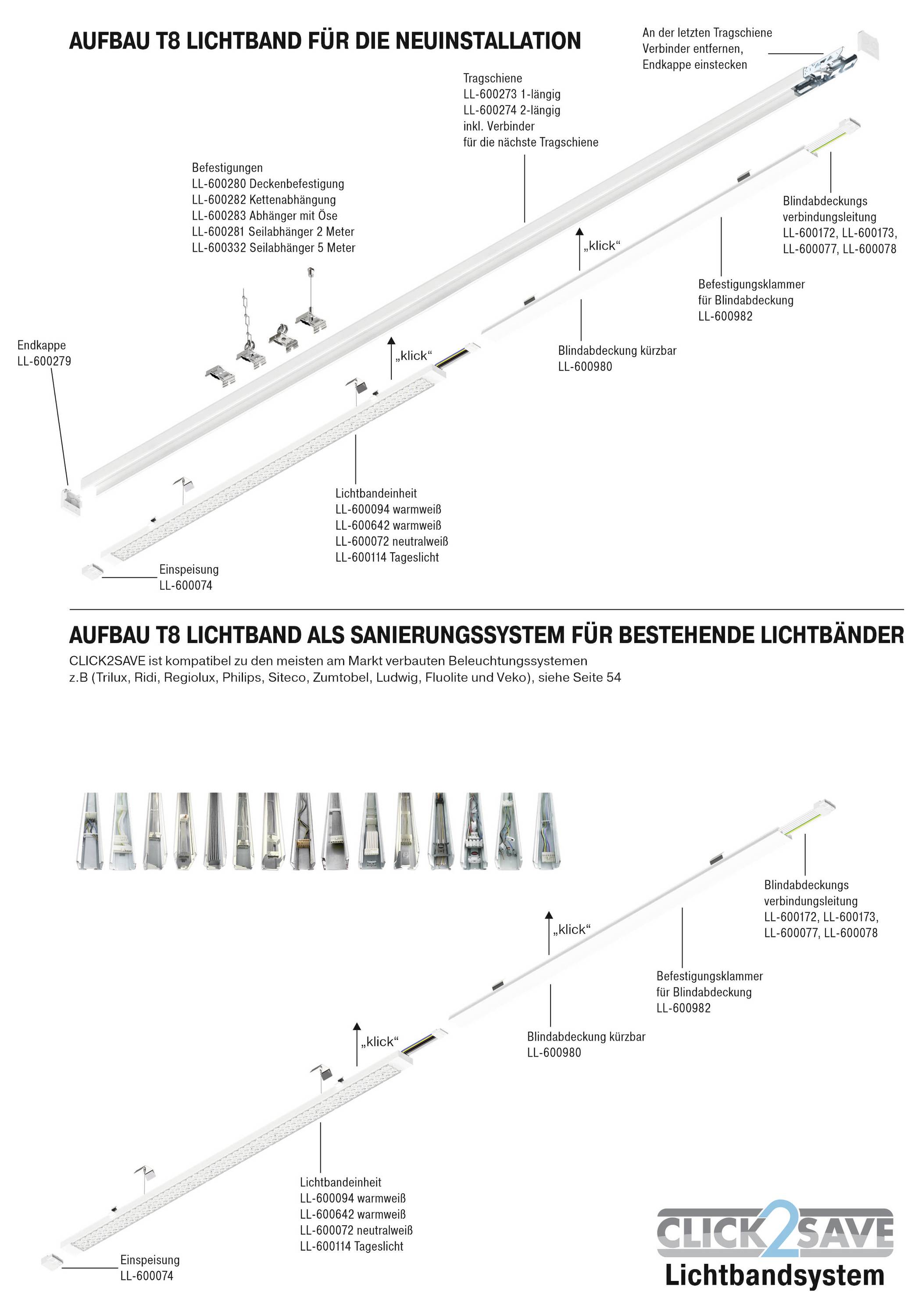 Diagramm von zwei Beleuchtungssystemen: Oben ist eine neue T8-Lichtinstallation mit beschrifteten Komponenten dargestellt; unten ist ein T8-Renovierungssystem für bestehende Leuchten mit detaillierten Teilen zu sehen. Firmenlogo unten rechts.