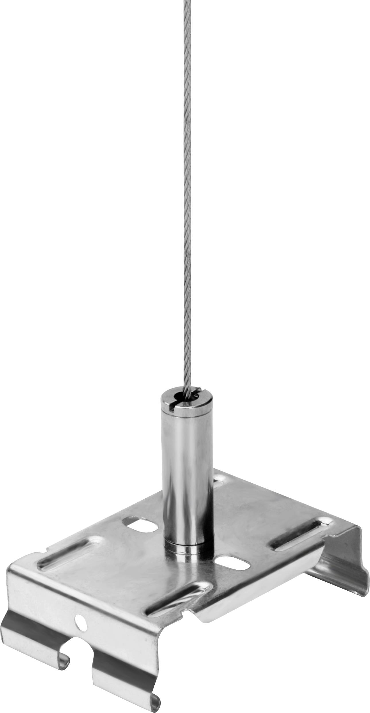 Eine metallische Deckenhalterung mit einem vertikalen Kabel, die zum Aufhängen von Objekten verwendet wird, vor einem weißen Hintergrund.
