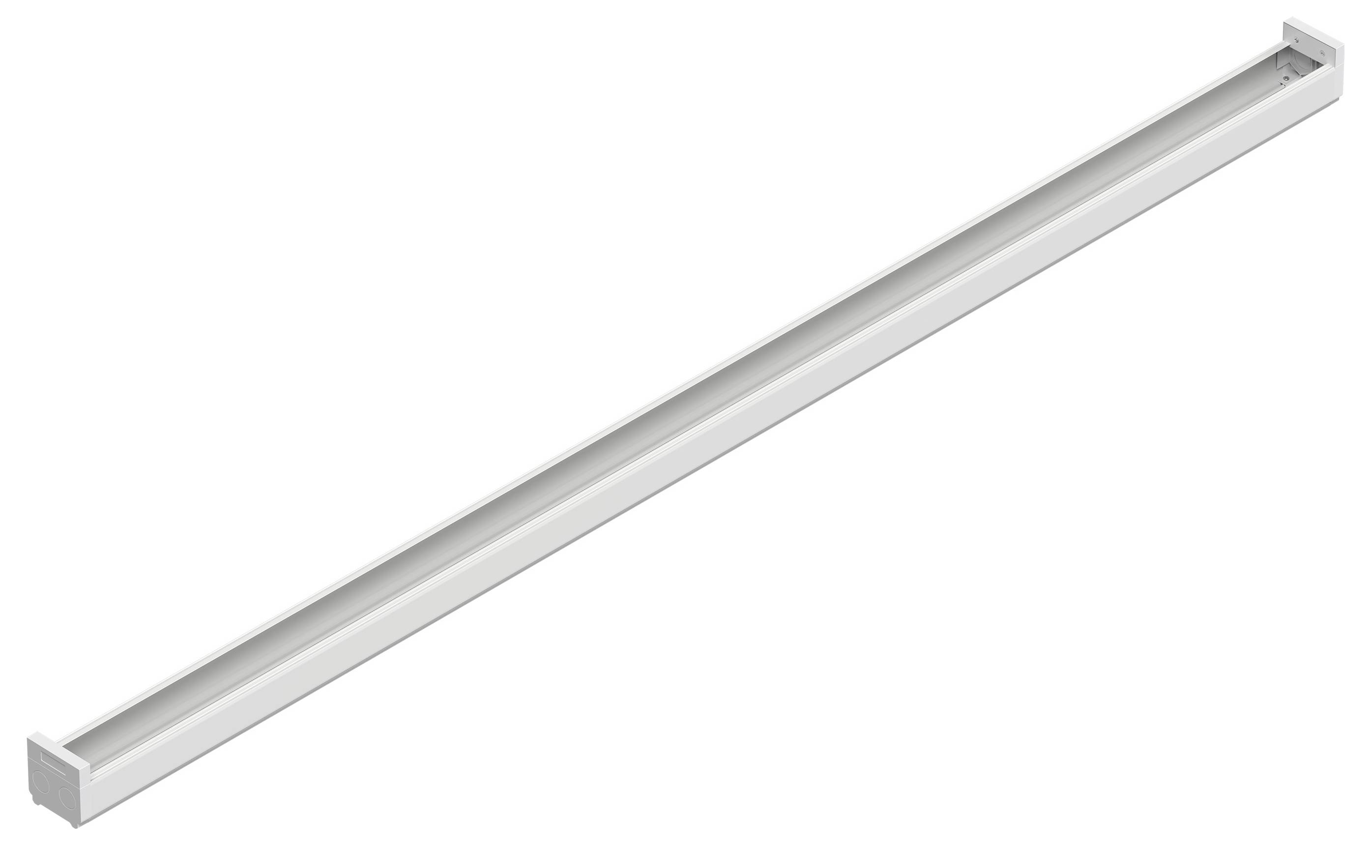 Eine lange, weiße rechteckige Metallhalterung, die möglicherweise zum Befestigen oder Abstützen von Objekten an Wänden oder Decken verwendet wird.