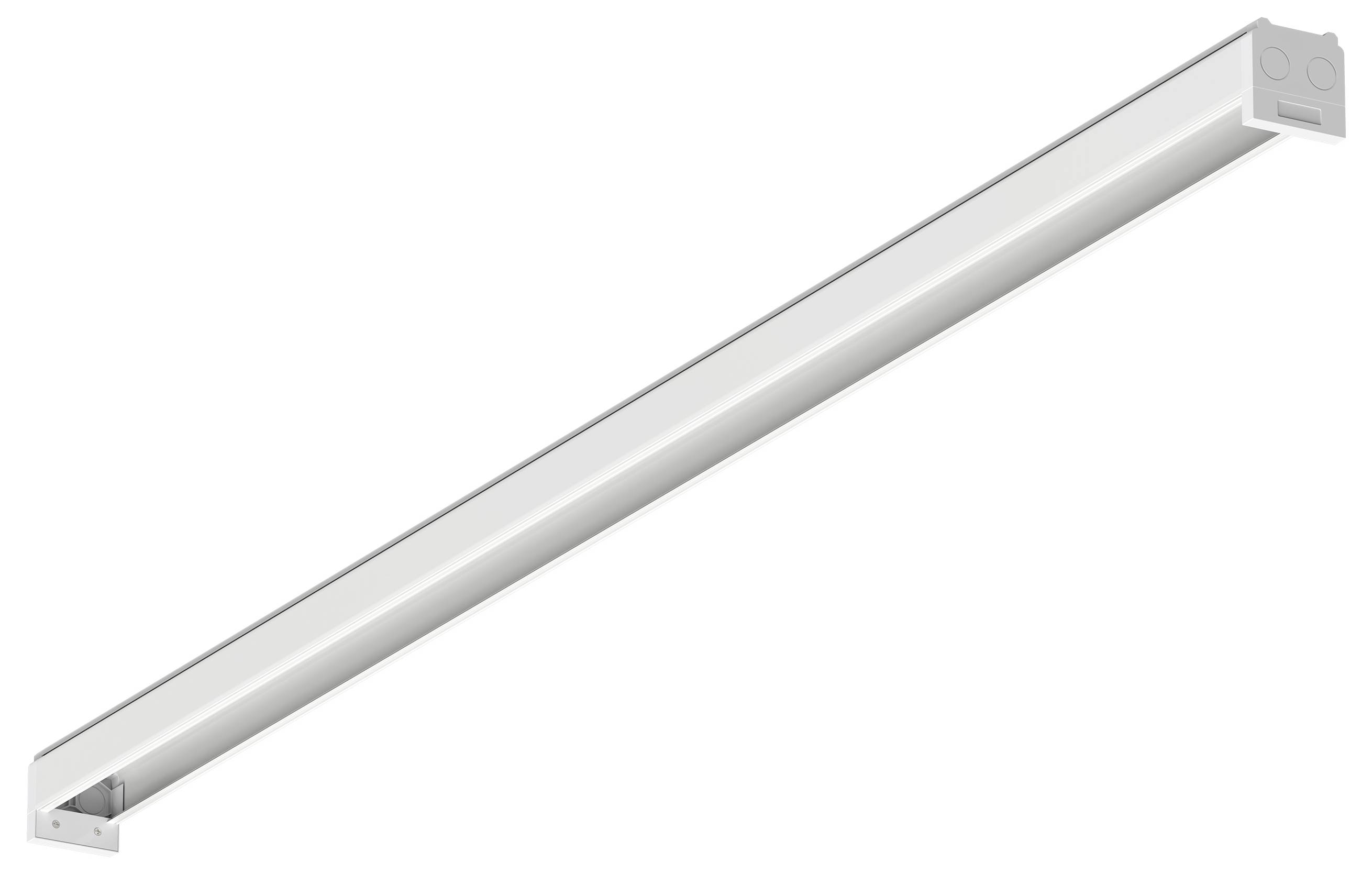 Eine lange, weiße, rechteckige LED-Leuchte zur Deckenmontage mit klaren Linien und minimalistischem Design.