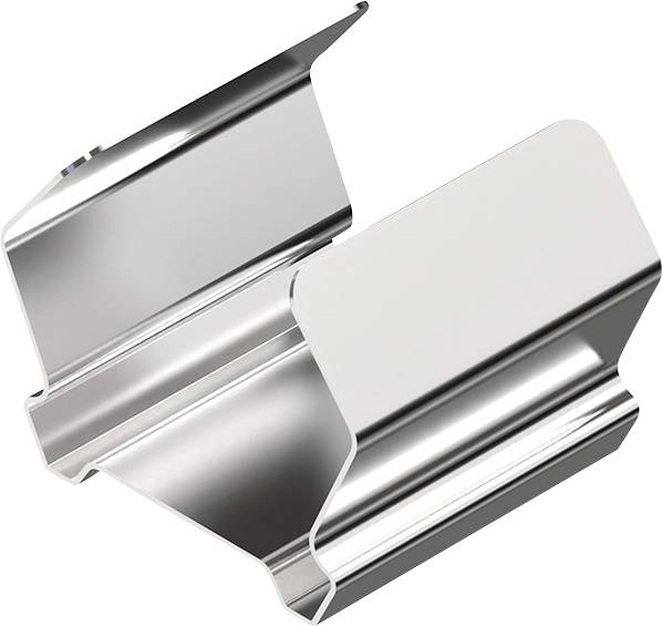 Eine glänzende silberne Metallhalterung mit zwei abgewinkelten Flansche zur Wandmontage oder strukturellen Unterstützung.