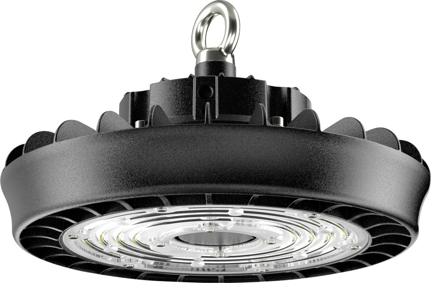 Eine schwarze industrielle LED-Hallenleuchte mit einem Metallaufhängehaken, die ein kreisförmiges Design und sichtbare interne LED-Komponenten aufweist.