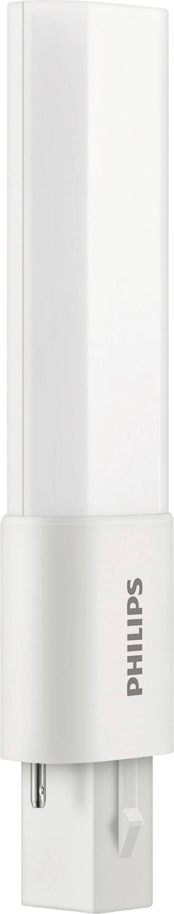 Eine LED-Glühbirne mit rechteckiger Form und sichtbarer Stiftfassung, auf der weißen Basis mit 