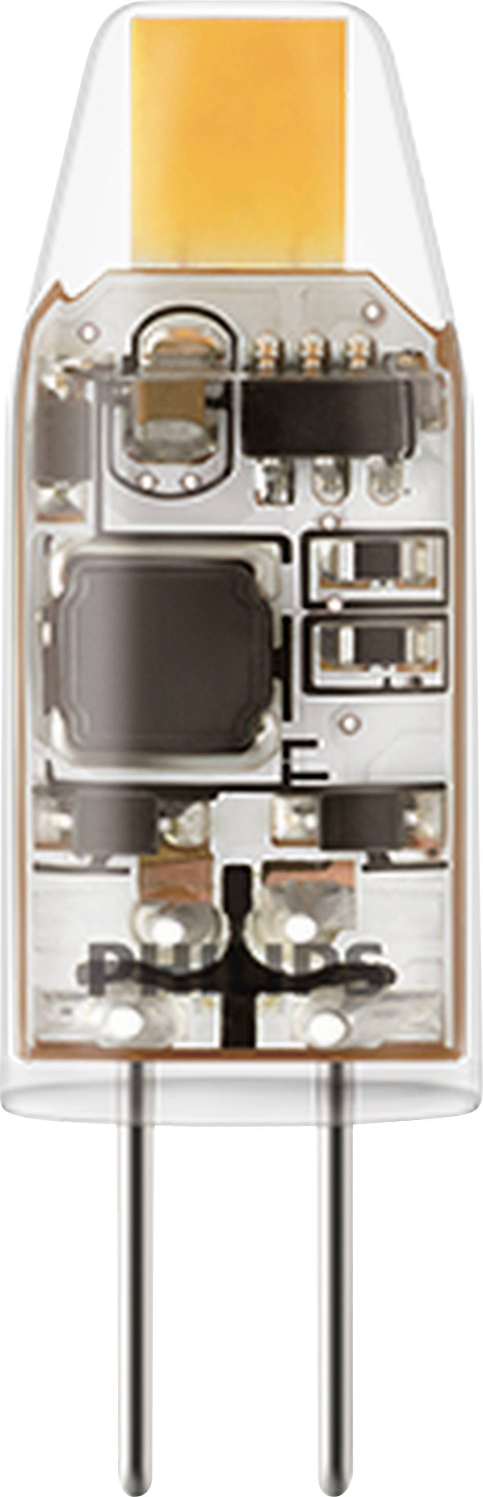 Eine transparente LED-Lampe zeigt innere elektronische Komponenten, einschließlich Leiterplatte und Drähte, vor einem neutralen Hintergrund.