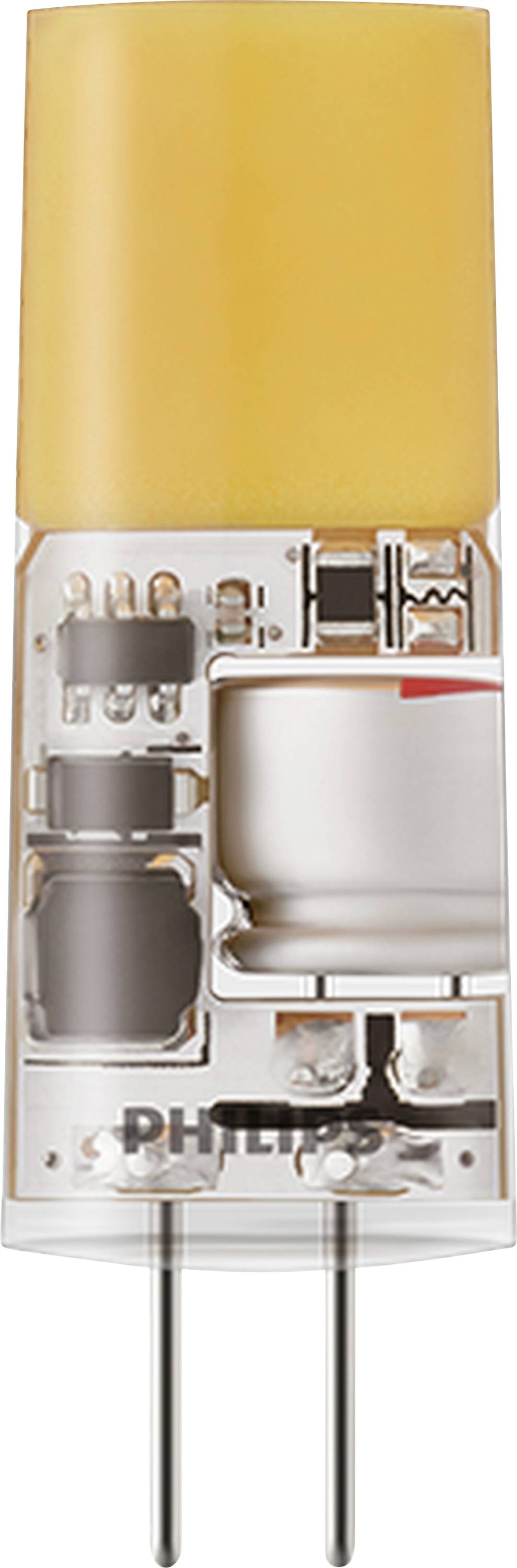 Eine transparente LED-Lampe mit sichtbaren Innenkomponenten, einschließlich eines gelben Oberteils, zwei Metallstiften und dem Schriftzug 