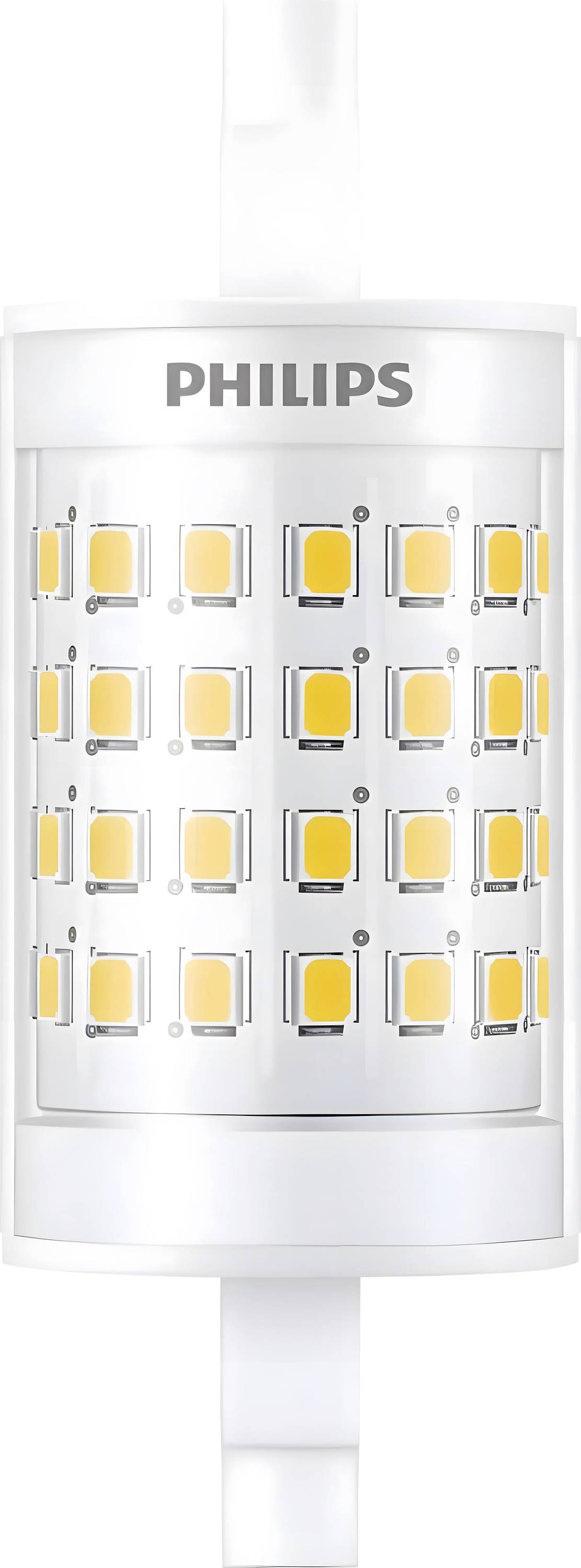 Eine Philips LED-Glühbirne mit mehreren kleinen LED-Dioden, die in einem Rastermuster angeordnet sind und für energieeffiziente Beleuchtung konzipiert ist.